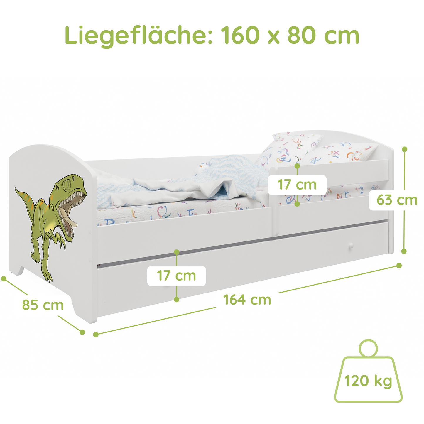 Kids Collective Kinderbett 70x140 / 80x160 Komplett Set inkl. Matratze, Lattenrost, Schublade & Rausfallschutz | Einzelbett für Kinder von 2 – 10 Jahren | weiß mit wählbarem Motiv