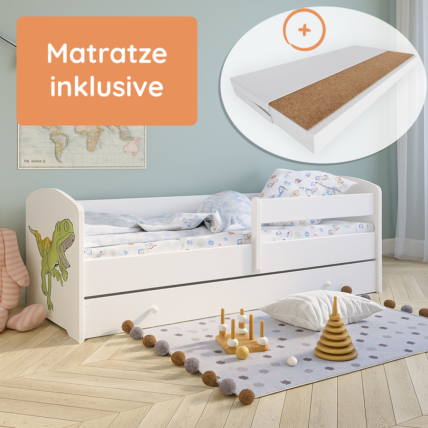 Kids Collective Kinderbett 70x140 / 80x160 Komplett Set inkl. Matratze, Lattenrost, Schublade & Rausfallschutz | Einzelbett für Kinder von 2 – 10 Jahren | weiß mit wählbarem Motiv