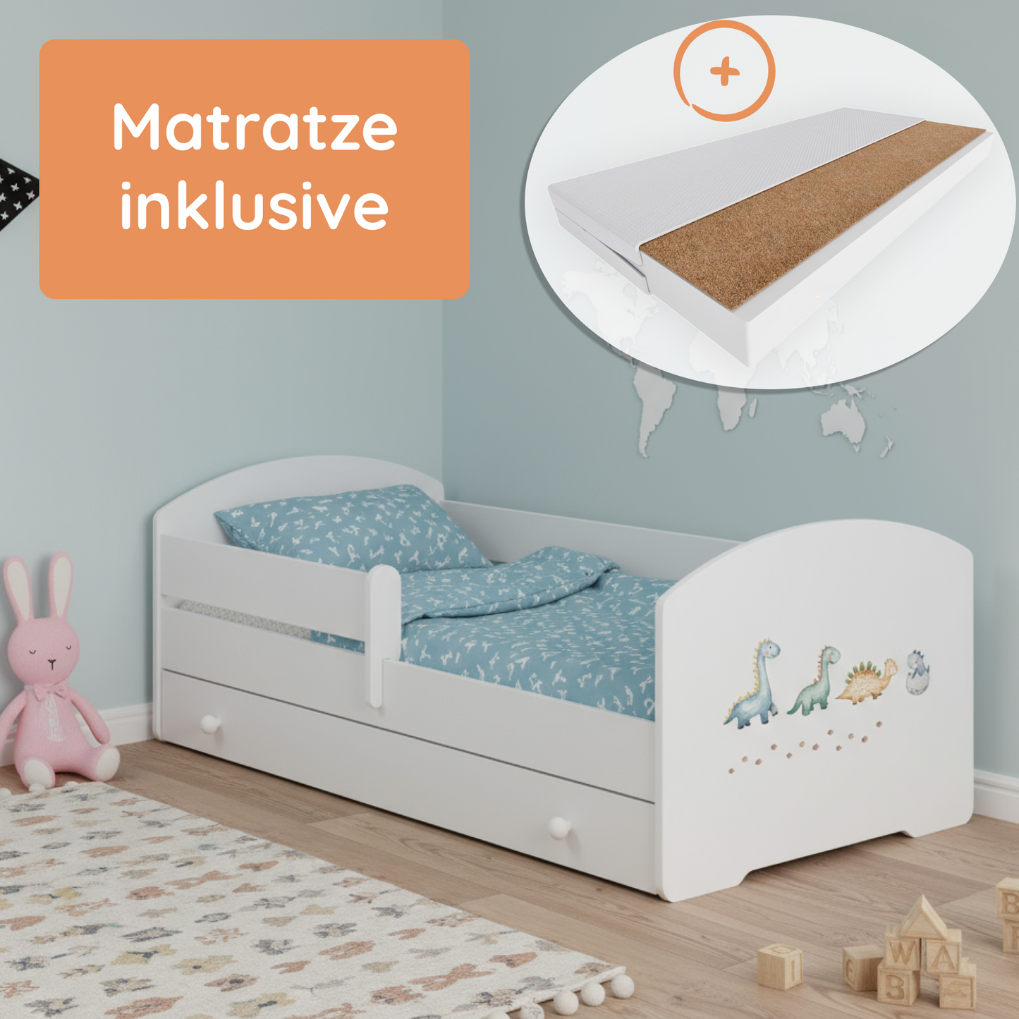 Kids Collective Kinderbett 70x140 / 80x160 Komplett Set inkl. Matratze, Lattenrost, Schublade & Rausfallschutz | Einzelbett für Kinder von 2 – 10 Jahren | weiß mit wählbarem Motiv