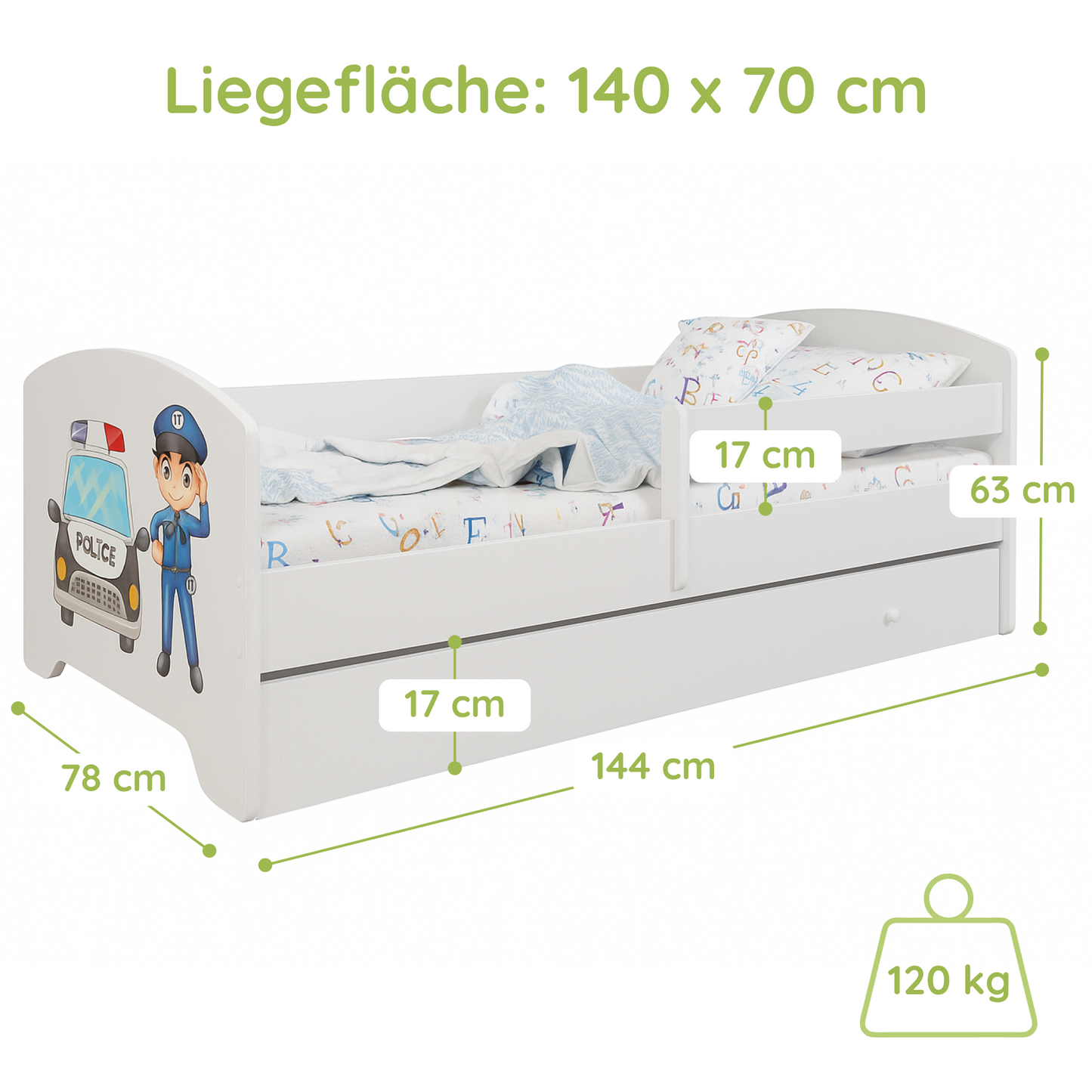 Kids Collective Kinderbett 70x140 / 80x160 Komplett Set inkl. Matratze, Lattenrost, Schublade & Rausfallschutz | Einzelbett für Kinder von 2 – 10 Jahren | weiß mit wählbarem Motiv