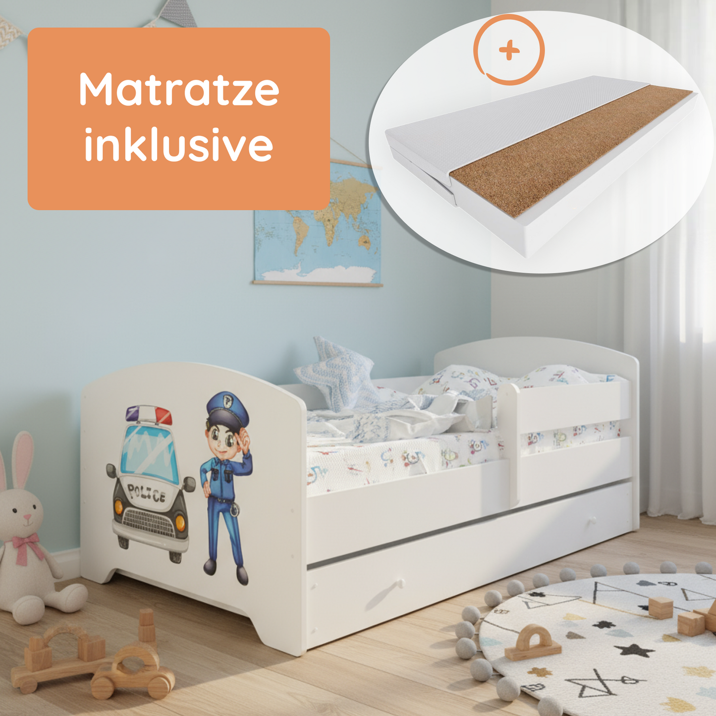 Kids Collective Kinderbett 70x140 / 80x160 Komplett Set inkl. Matratze, Lattenrost, Schublade & Rausfallschutz | Einzelbett für Kinder von 2 – 10 Jahren | weiß mit wählbarem Motiv