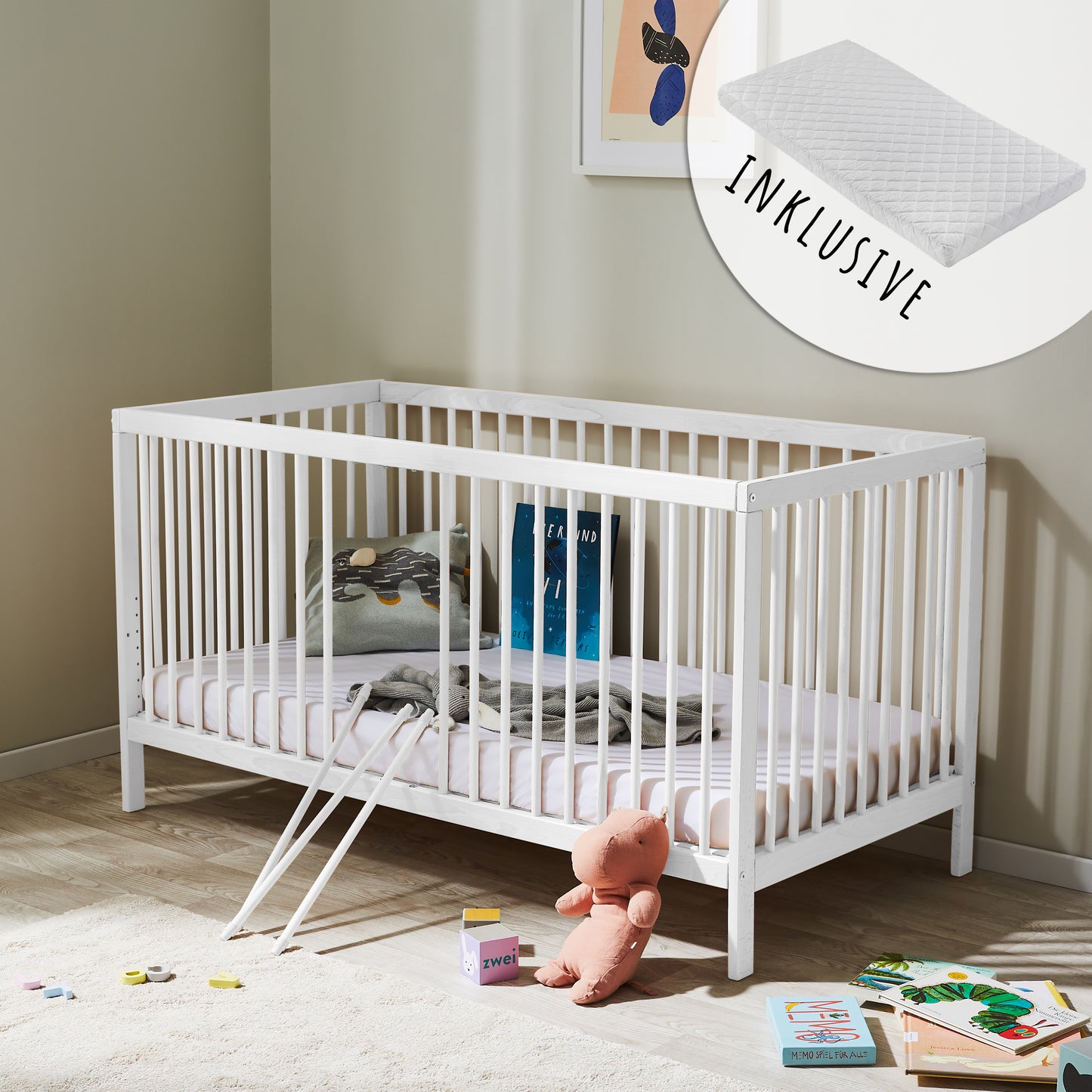 Lit bébé lit bébé 60x120 | Barreaux de 70 x 140 cm réglables en hauteur et amovibles, en option avec tiroir et matelas | Bois de hêtre blanc ou naturel très stable Fabriqué en Europe