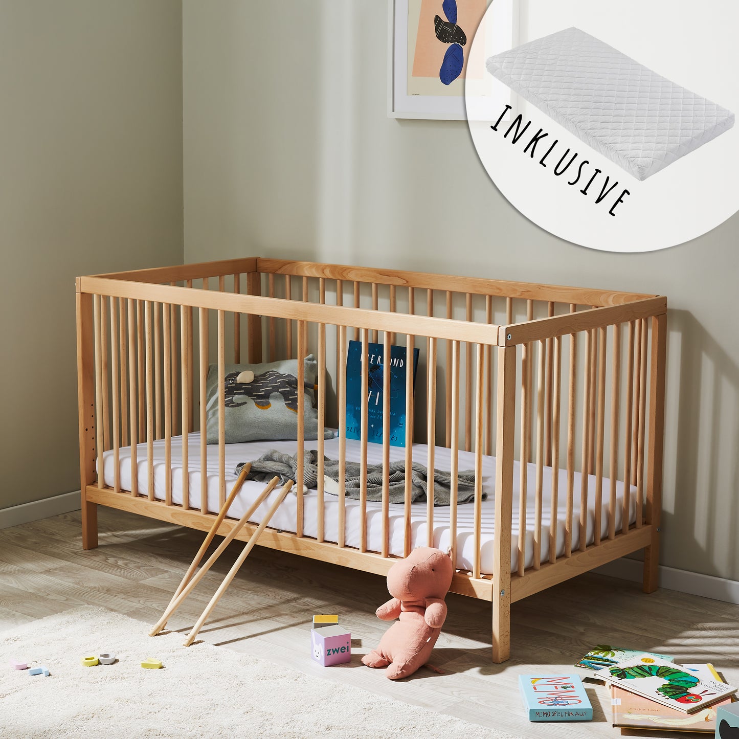 Lit bébé lit bébé 60x120 | Barreaux de 70 x 140 cm réglables en hauteur et amovibles, en option avec tiroir et matelas | Bois de hêtre blanc ou naturel très stable Fabriqué en Europe