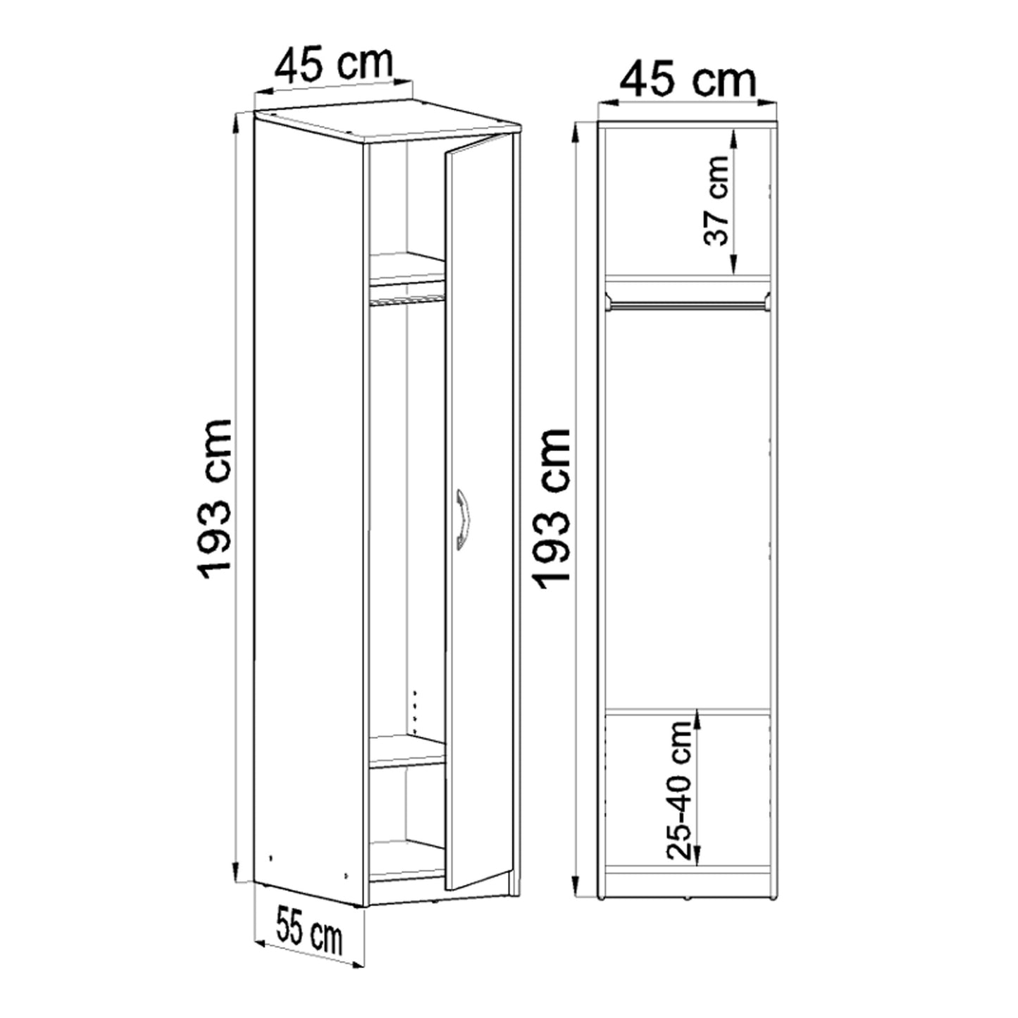 Kleiderschrank mit 1 Tür, 1 Kleiderstange und 2 Einlegeböden, Garderobenschrank 45 cm breit Schrank schmal matte Oberfläche, aus laminierter Platte, ideal für Schlafzimmer, Wohnzimmer, Flur