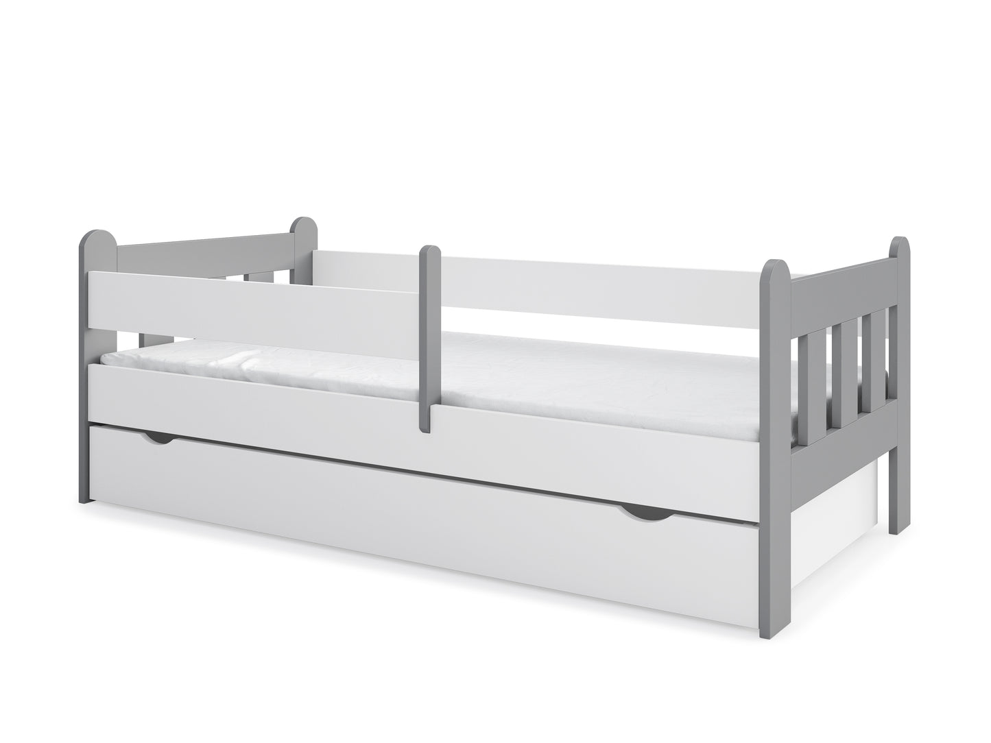Lit enfant 90x200 | 80x180 | 80x160 cm avec matelas (en option), tiroir, protection antichute et sommier à lattes dans lit garçon fille blanc