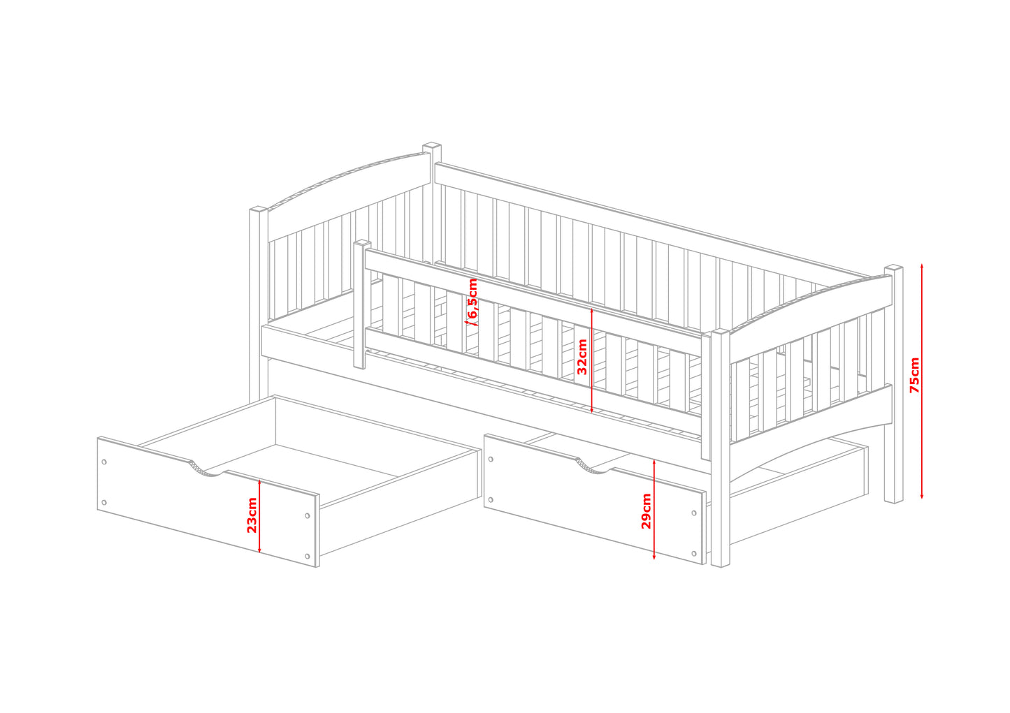 Kinderbett Einzelbett 90x200 cm mit Matratze (optional), zwei Schubladen, Rausfallschutz, Lattenrost, aus Vollholz massiv, Funktionsbett Jugendbett in weiß