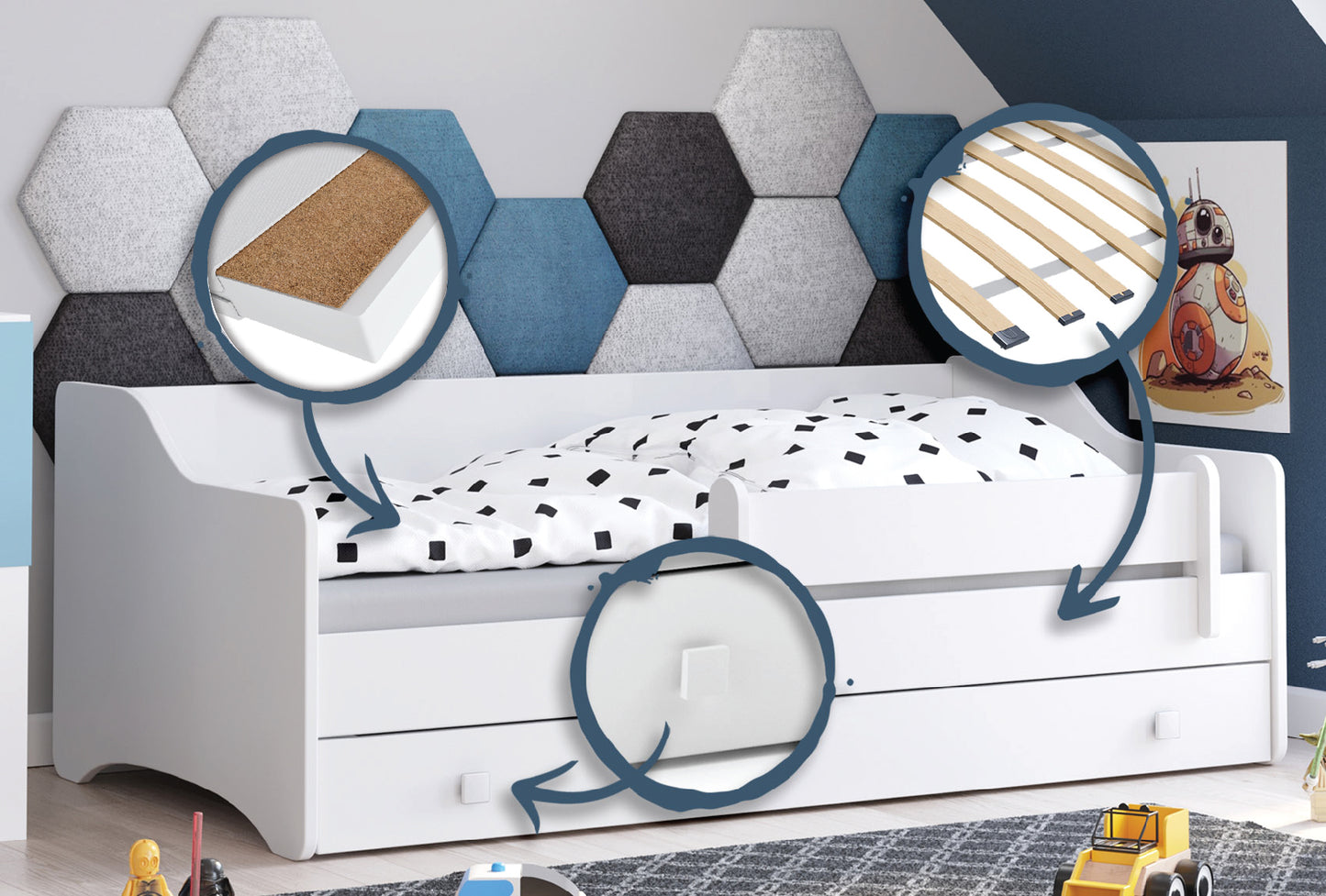 Kinderbett Jugendbett 80x160 und 80x180 cm mit Matratze, Schublade & Rausfallschutz mit punktelastischer Matratze mit Kokos-Naturfaser
