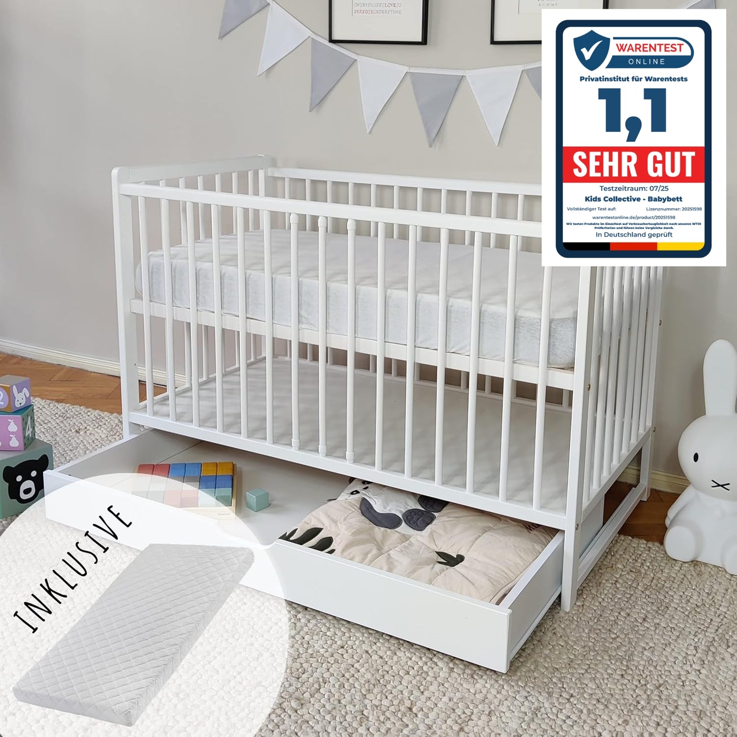 Babybett mit Schublade (optional) Kinderbett Gitterbett 60x120 höhenverstellbar & herausnehmbare Sprossen mit Matratze (optional) | weiss sehr stabil Made in Europe
