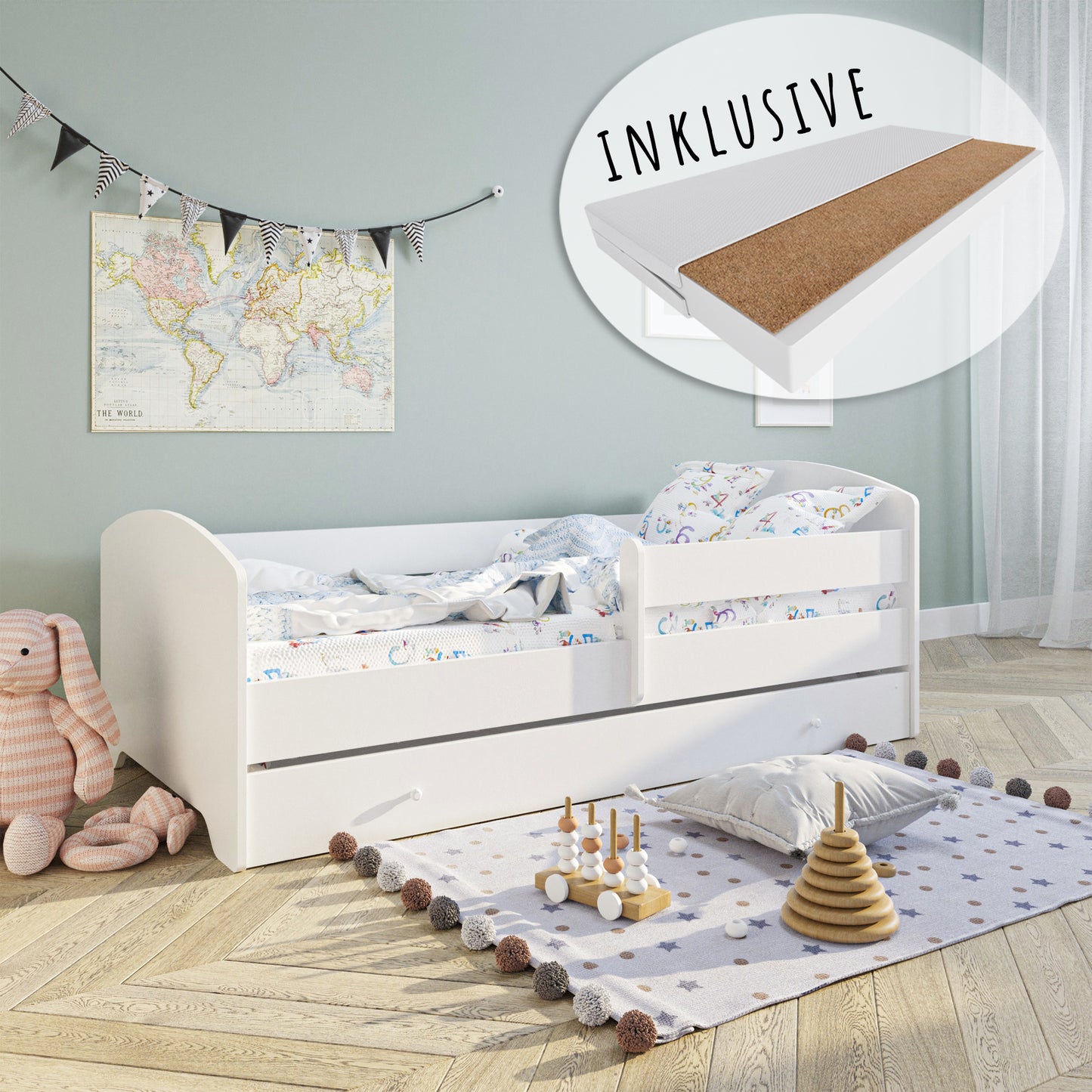 Kids Collective Kinderbett 70x140 / 80x160 Komplett Set inkl. Matratze, Lattenrost, Schublade & Rausfallschutz | Einzelbett für Kinder von 2 – 10 Jahren | weiß mit wählbarem Motiv