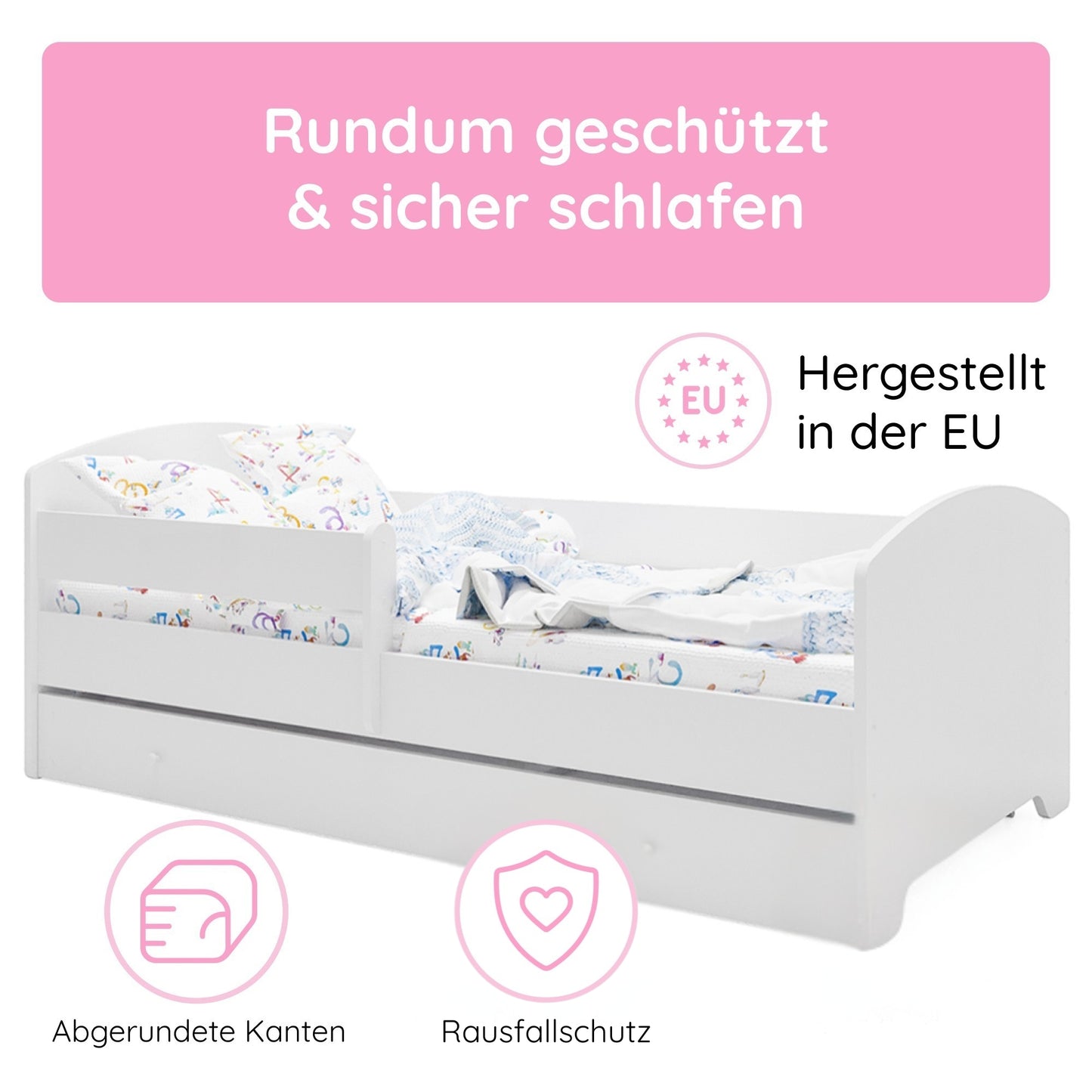 Kids Collective Kinderbett 70x140 / 80x160 Komplett Set inkl. Matratze, Lattenrost, Schublade & Rausfallschutz | Einzelbett für Kinder von 2 – 10 Jahren | weiß mit wählbarem Motiv
