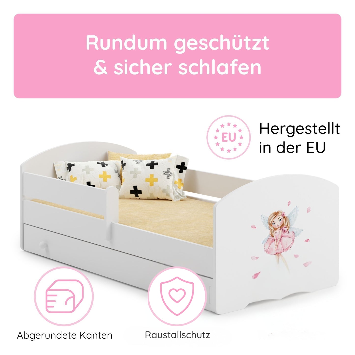 Kids Collective Kinderbett 70x140 / 80x160 Komplett Set inkl. Matratze, Lattenrost, Schublade & Rausfallschutz | Einzelbett für Kinder von 2 – 10 Jahren | weiß mit wählbarem Motiv