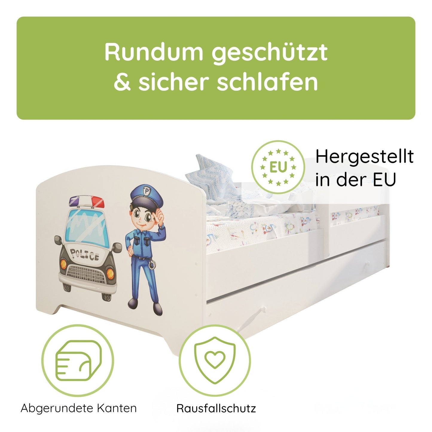 Kids Collective Kinderbett 70x140 / 80x160 Komplett Set inkl. Matratze, Lattenrost, Schublade & Rausfallschutz | Einzelbett für Kinder von 2 – 10 Jahren | weiß mit wählbarem Motiv