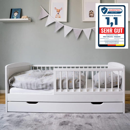 Kinderbett 140x70 cm mit Matratze (optional), Lattenrost, Schublade und Raufallschutz Vollholz in weiß - 70 x 140 perfekte Größe nach Gitterbett Babybett