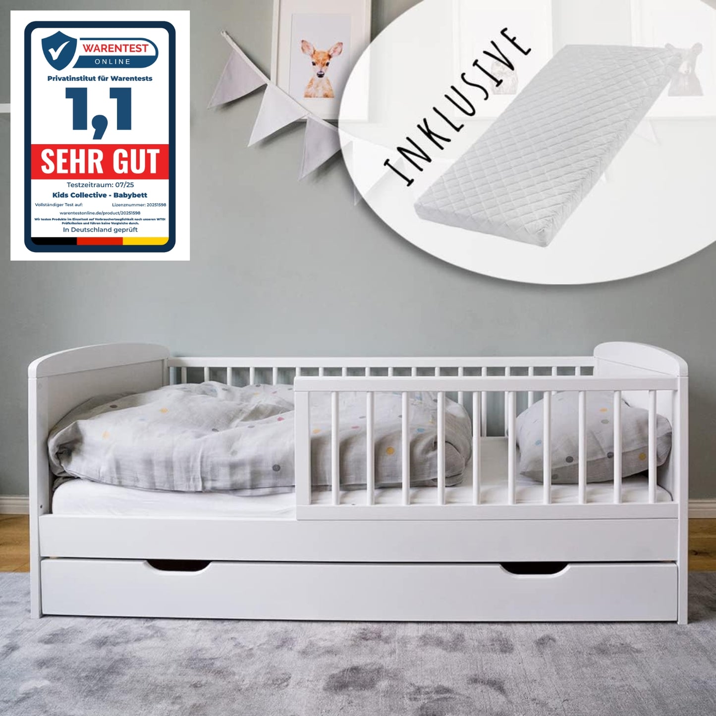Kinderbett 140x70 cm mit Matratze (optional), Lattenrost, Schublade und Raufallschutz Vollholz in weiß - 70 x 140 perfekte Größe nach Gitterbett Babybett