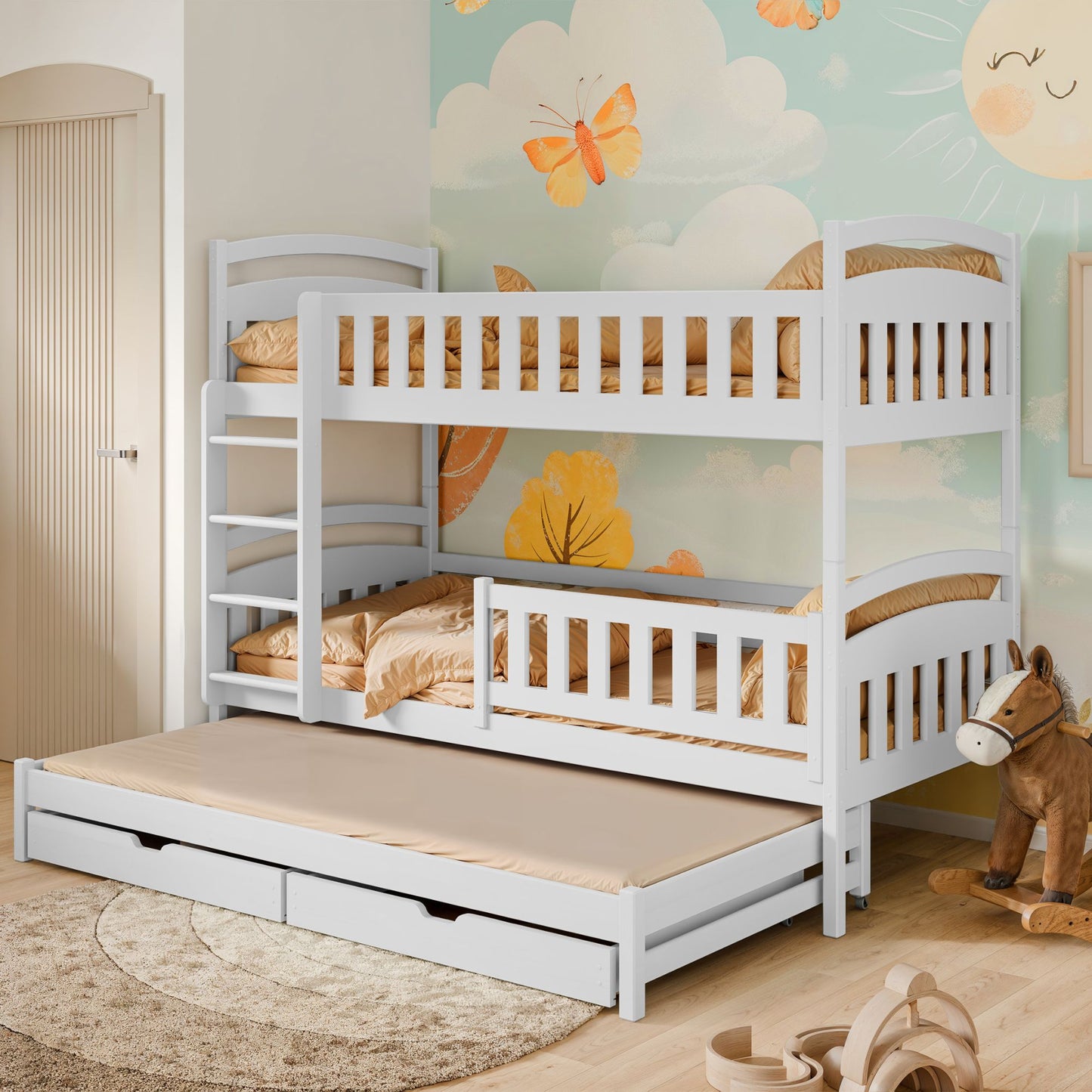 Hochbett 90x200 Etagenbett Kinderbett Jugendbett Stockbett 3 Kinder, zwei Schubladen & Rausfallschutz Kinder Bett umbaubar in 3 Einzelbetten | von 4. bis 18. Lebensjahr | inkl. Lattenrosten