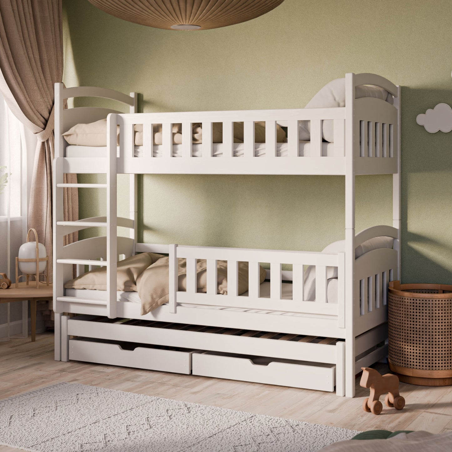Hochbett 90x200 Etagenbett Kinderbett Jugendbett Stockbett 3 Kinder, zwei Schubladen & Rausfallschutz Kinder Bett umbaubar in 3 Einzelbetten | von 4. bis 18. Lebensjahr | inkl. Lattenrosten