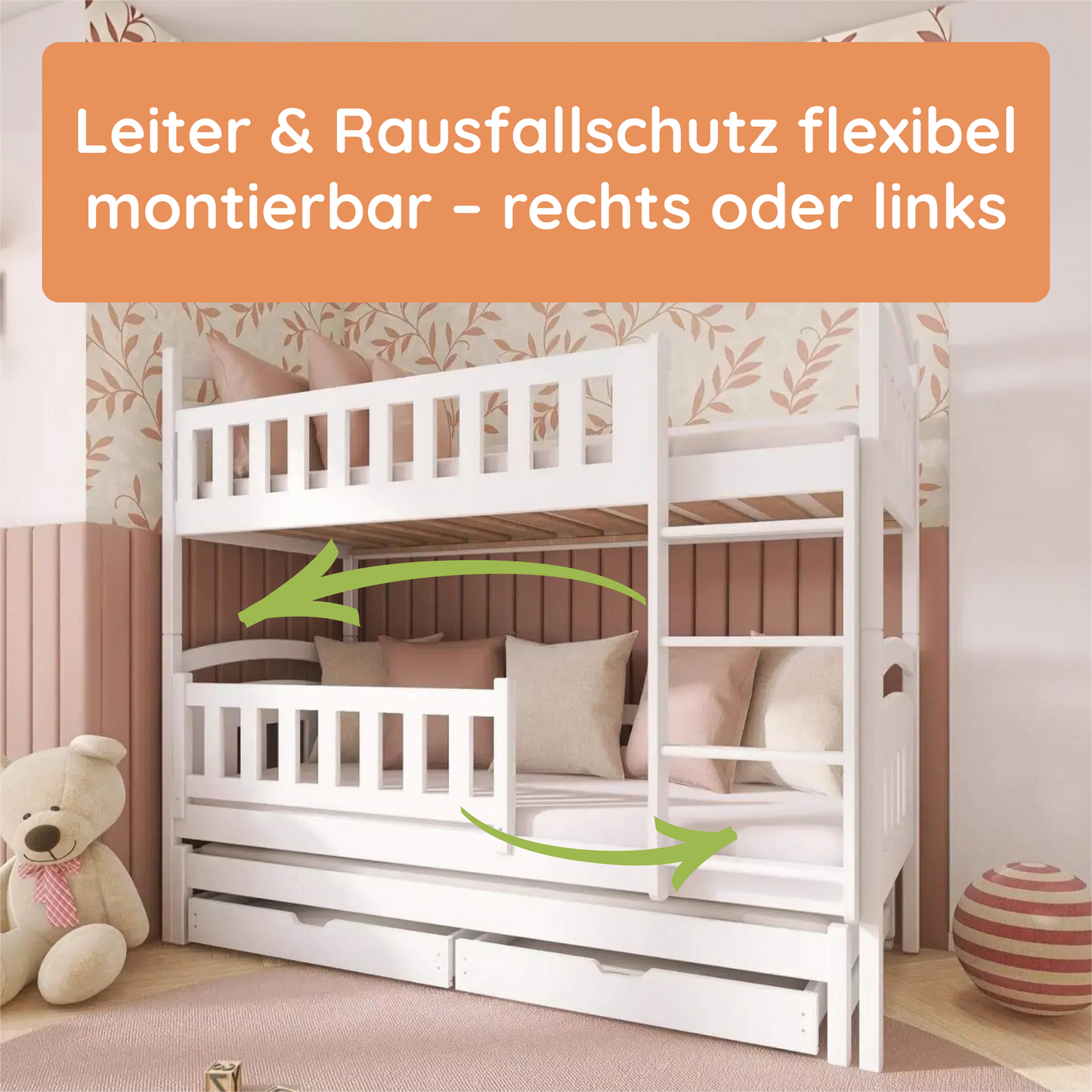 Hochbett 90x200 Etagenbett Kinderbett Jugendbett Stockbett 3 Kinder, zwei Schubladen & Rausfallschutz Kinder Bett umbaubar in 3 Einzelbetten | von 4. bis 18. Lebensjahr | inkl. Lattenrosten