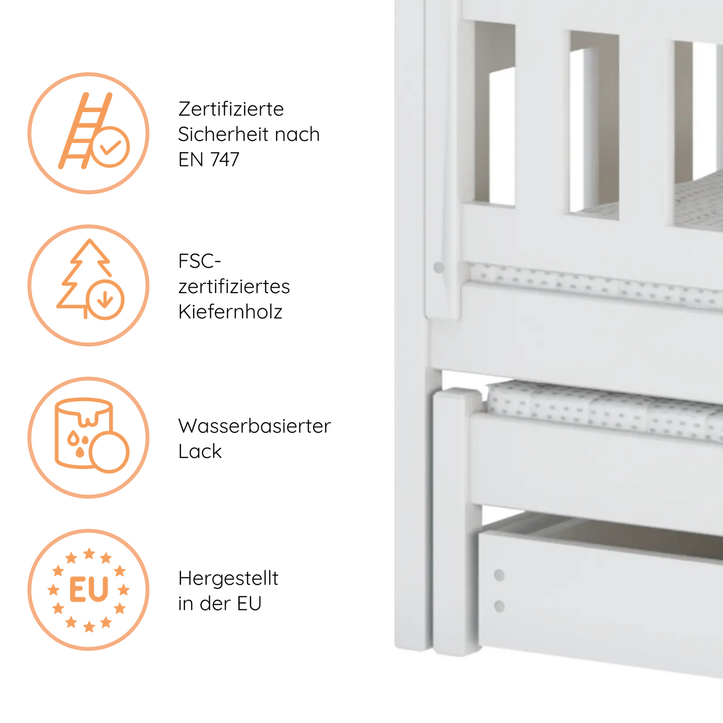 Hochbett 90x200 Etagenbett Kinderbett Jugendbett Stockbett 3 Kinder, zwei Schubladen & Rausfallschutz Kinder Bett umbaubar in 3 Einzelbetten | von 4. bis 18. Lebensjahr | inkl. Lattenrosten