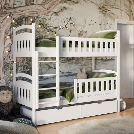 Hochbett 90x200 cm Etagenbett mit zwei Schubladen, Lattenrost, Rausfallschutz, umbaubar in zwei Einzelbetten, aus Vollholz massiv, Funktionsbett