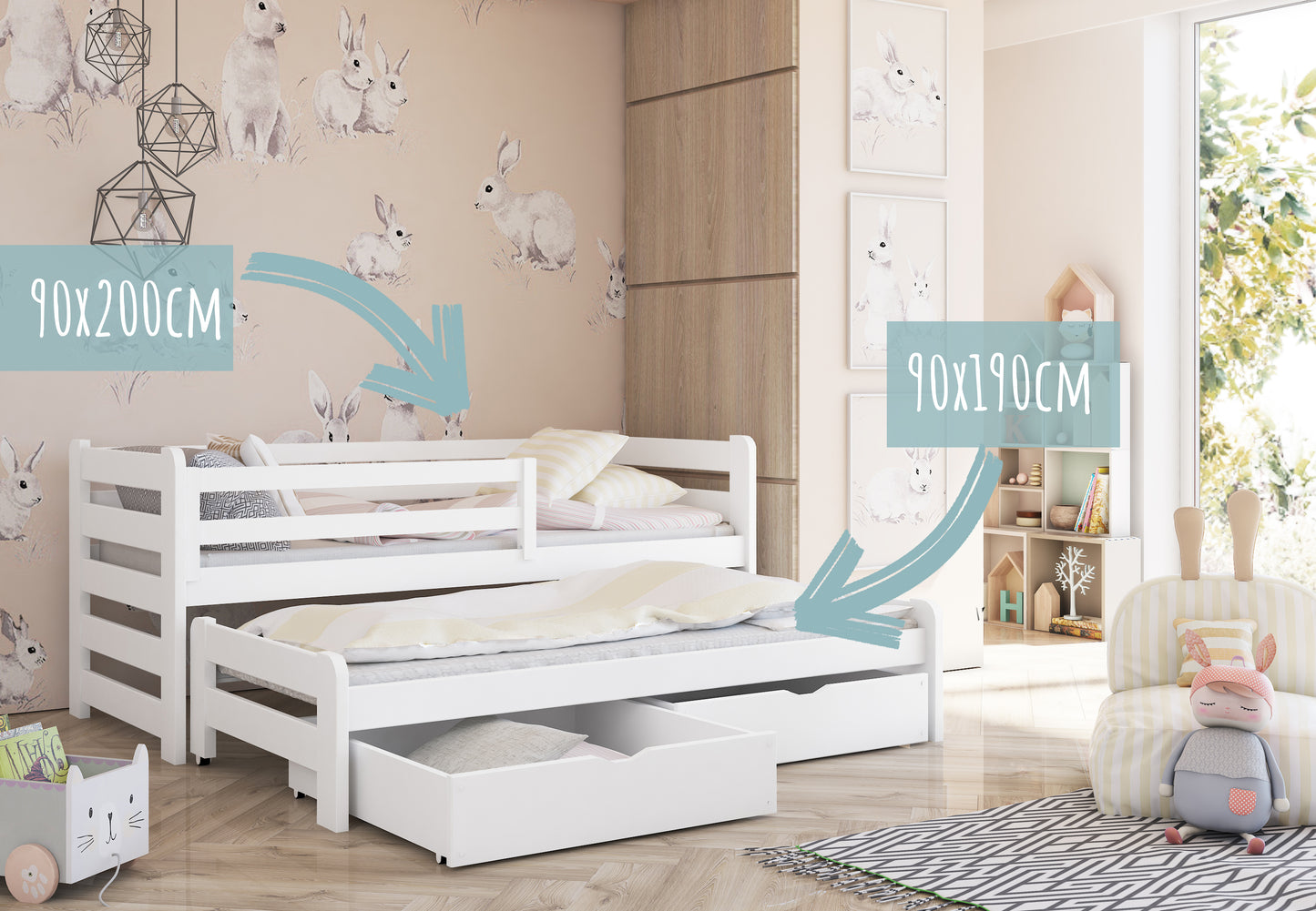 Einzelbett 90x200 cm mit Rausziehbett 90x190 cm mit zwei Matratzen (optional) und zwei Schubladen, Rausfallschutz und Lattenrosten, Vollholz massiv in weiss, Kinderbett Funktionsbett