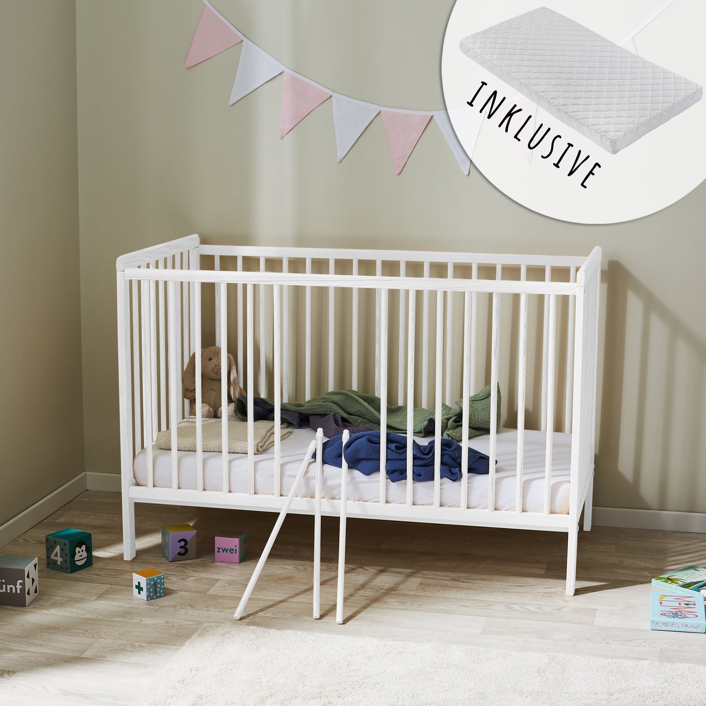 Babybett Kinderbett 60x120 Gitterbett Baby Bett Komplett-Set Beistellbett mitwachsend, Lattenrost höhenverstellbar mit abnehmbaren Sprossen | weiß Kiefer-Vollholz