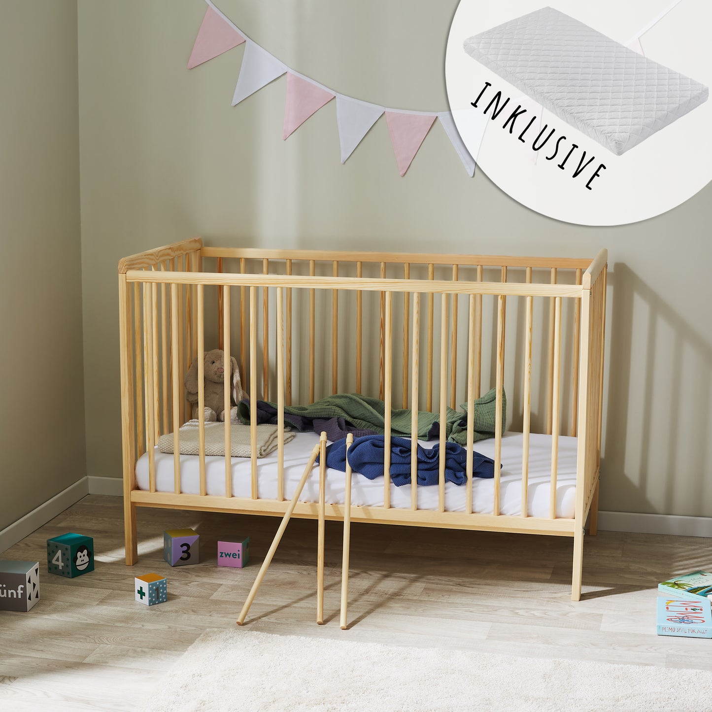 Babybett Kinderbett 60x120 Gitterbett Baby Bett Komplett-Set Beistellbett mitwachsend, Lattenrost höhenverstellbar mit abnehmbaren Sprossen | weiß Kiefer-Vollholz