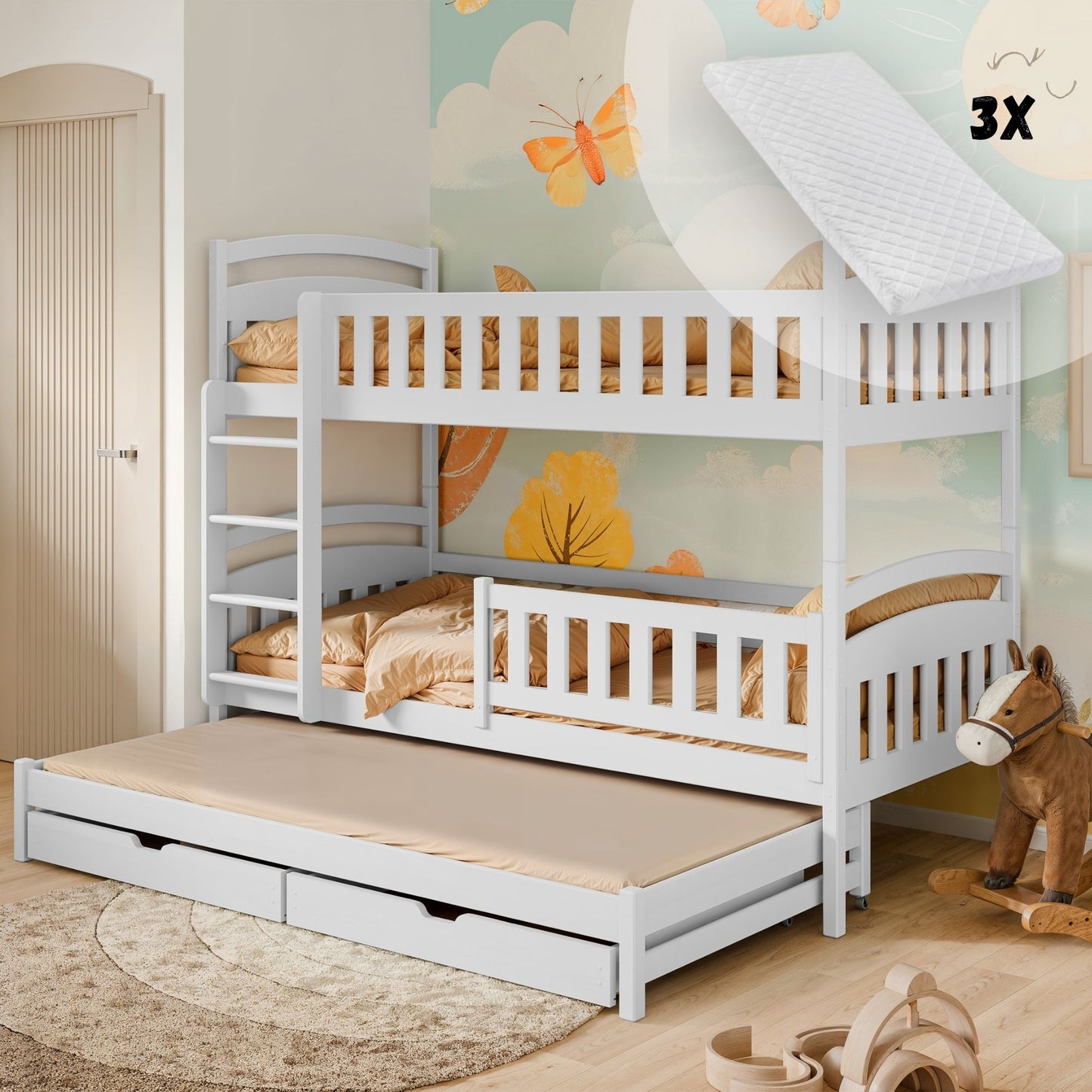 Hochbett 90x200 Etagenbett Kinderbett Jugendbett Stockbett 3 Kinder, zwei Schubladen & Rausfallschutz Kinder Bett umbaubar in 3 Einzelbetten | von 4. bis 18. Lebensjahr | inkl. Lattenrosten
