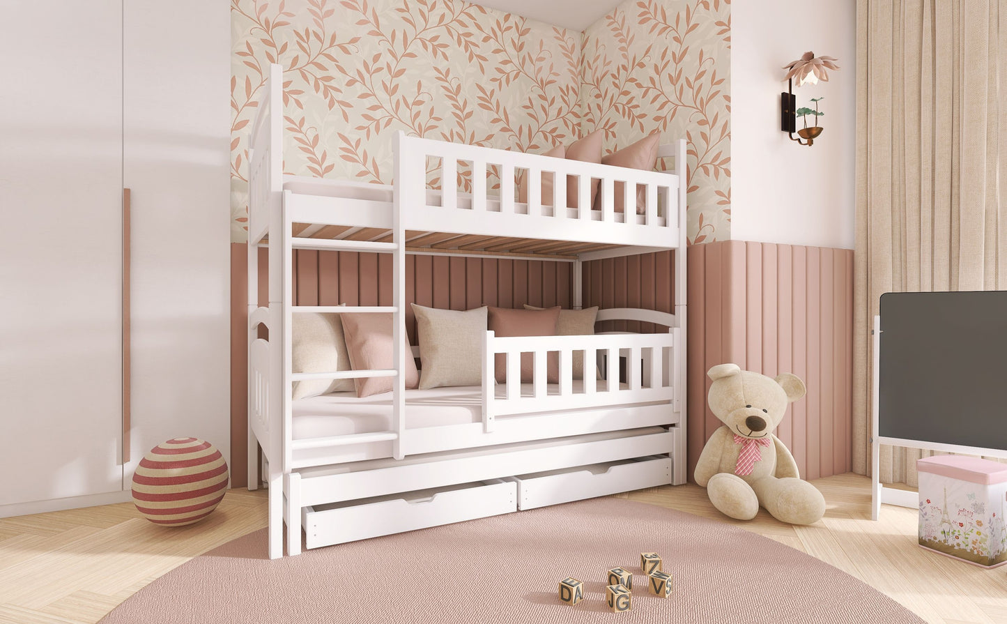 Hochbett 90x200 Etagenbett Kinderbett Jugendbett Stockbett 3 Kinder, zwei Schubladen & Rausfallschutz Kinder Bett umbaubar in 3 Einzelbetten | von 4. bis 18. Lebensjahr | inkl. Lattenrosten
