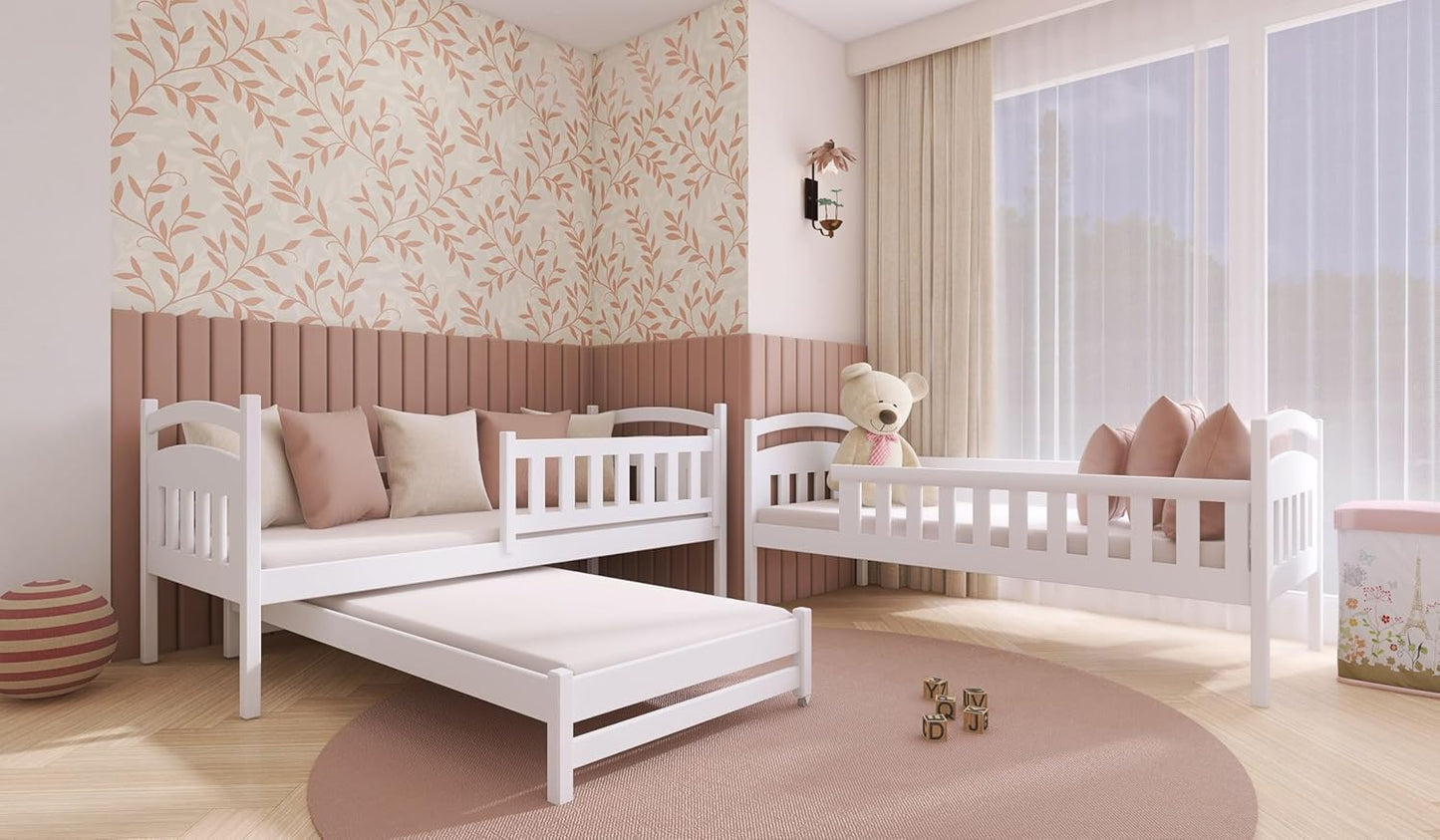 Hochbett 90x200 Etagenbett Kinderbett Jugendbett Stockbett 3 Kinder, zwei Schubladen & Rausfallschutz Kinder Bett umbaubar in 3 Einzelbetten | von 4. bis 18. Lebensjahr | inkl. Lattenrosten