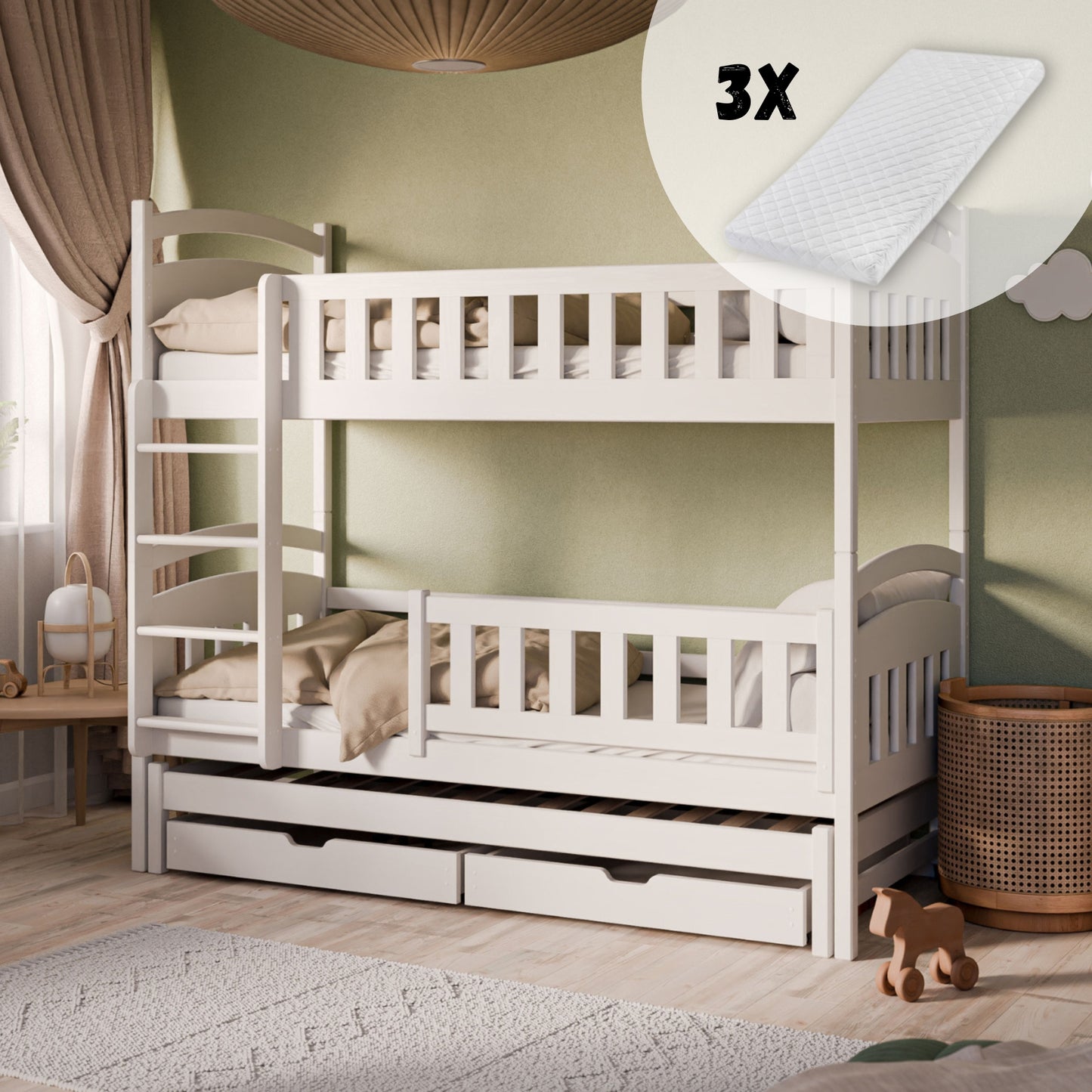 Hochbett 90x200 Etagenbett Kinderbett Jugendbett Stockbett 3 Kinder, zwei Schubladen & Rausfallschutz Kinder Bett umbaubar in 3 Einzelbetten | von 4. bis 18. Lebensjahr | inkl. Lattenrosten