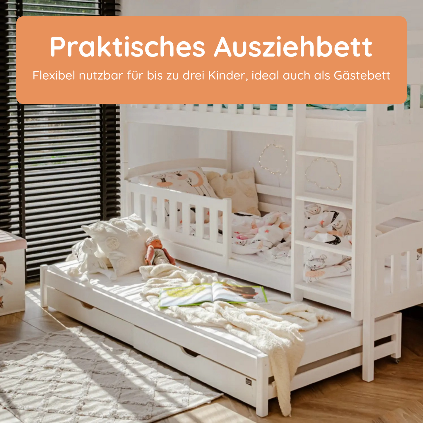Hochbett 90x200 Etagenbett Kinderbett Jugendbett Stockbett 3 Kinder, zwei Schubladen & Rausfallschutz Kinder Bett umbaubar in 3 Einzelbetten | von 4. bis 18. Lebensjahr | inkl. Lattenrosten