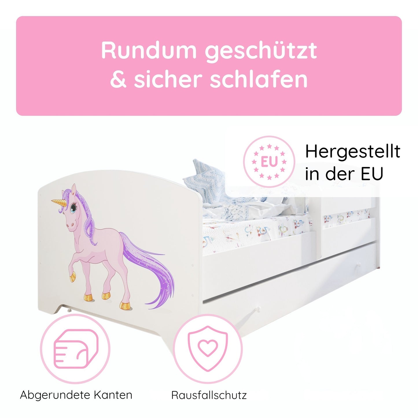 Kids Collective Kinderbett 70x140 / 80x160 Komplett Set inkl. Matratze, Lattenrost, Schublade & Rausfallschutz | Einzelbett für Kinder von 2 – 10 Jahren | weiß mit wählbarem Motiv
