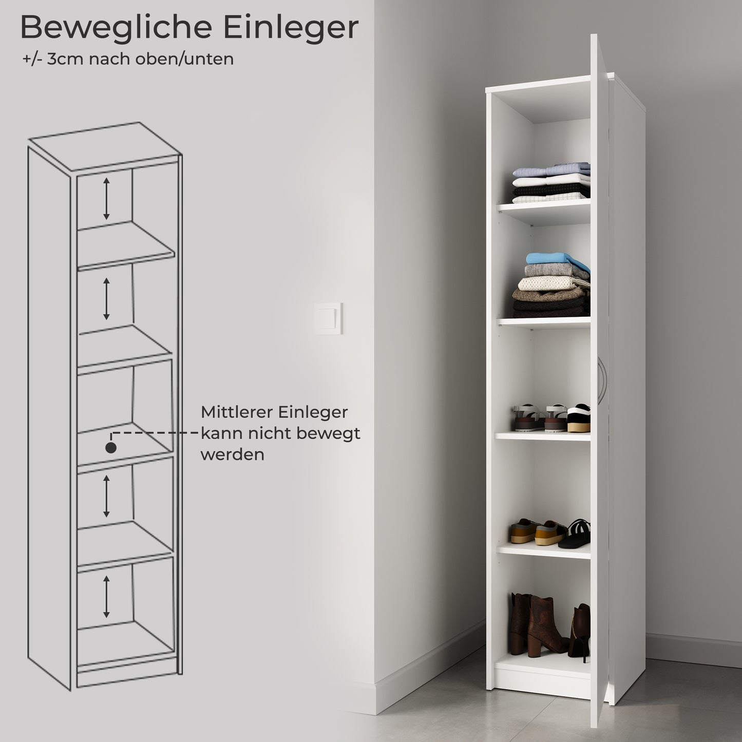 Schrank Mehrzweckschrank, 40cm Breite 180cm Höhe mit vier Einlegeböden schmaler Aktenschrank Organizer Kleiderschrank aus MDF Holz