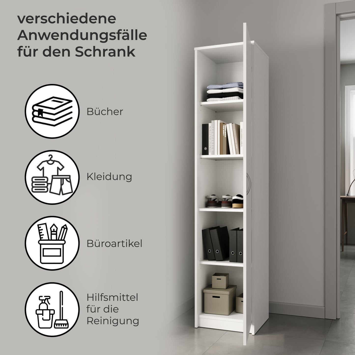 Schrank Mehrzweckschrank, 40cm Breite 180cm Höhe mit vier Einlegeböden schmaler Aktenschrank Organizer Kleiderschrank aus MDF Holz