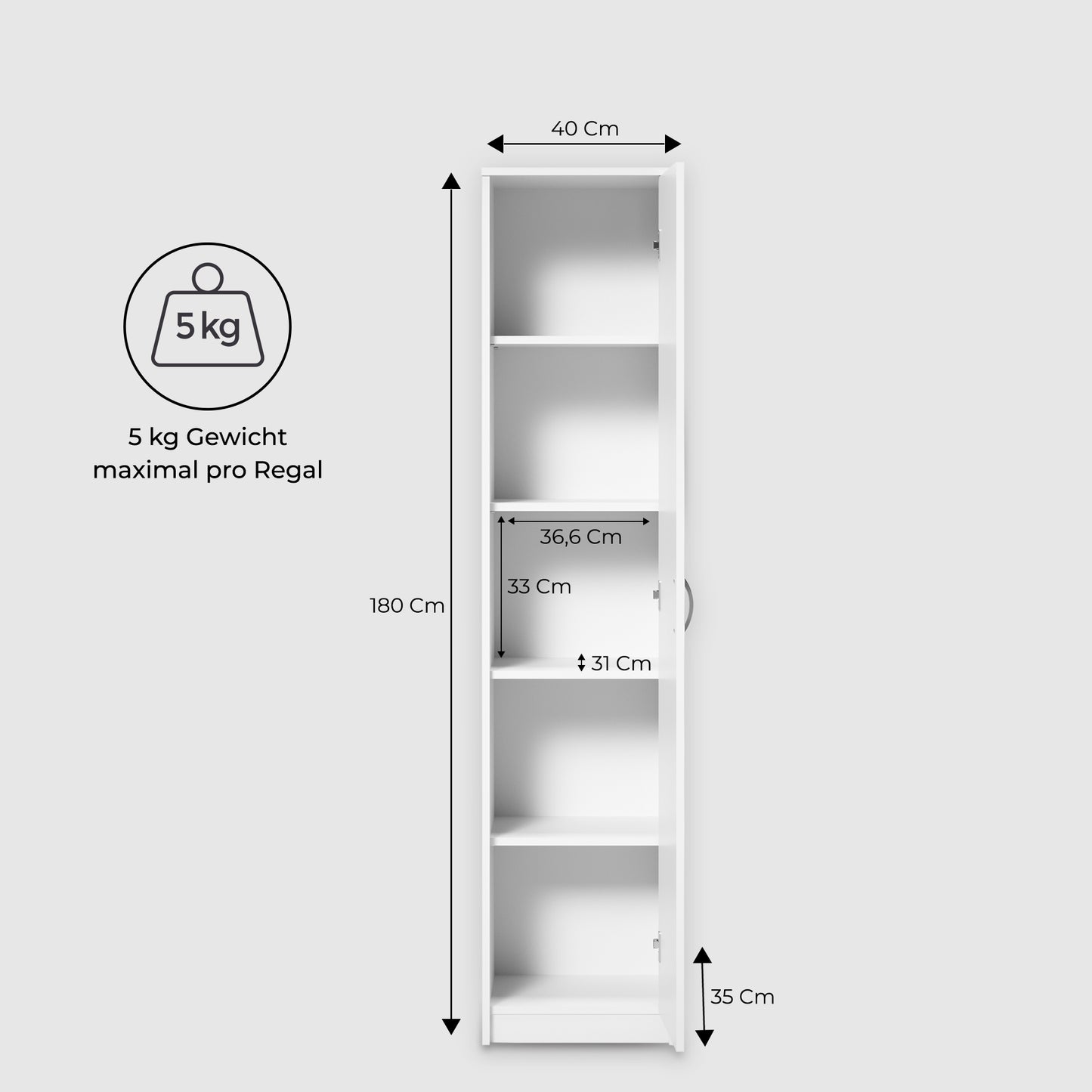 Schrank Mehrzweckschrank, 40cm Breite 180cm Höhe mit vier Einlegeböden schmaler Aktenschrank Organizer Kleiderschrank aus MDF Holz