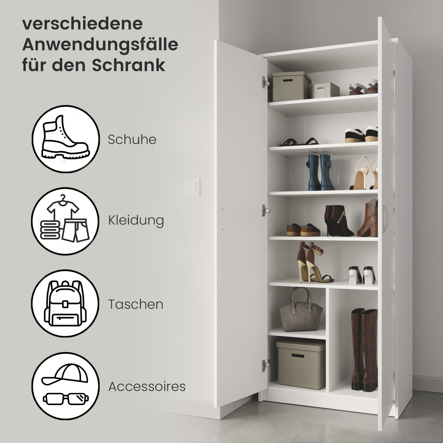 Schrank Mehrzweckschrank mit SOFT CLOSE Türdämpfer (optional) weiß 74cm Breite 180cm Höhe mit vier oder sechs Einlegeböden, Aktenschrank Haushaltsschrank Organizer aus MDF Holz