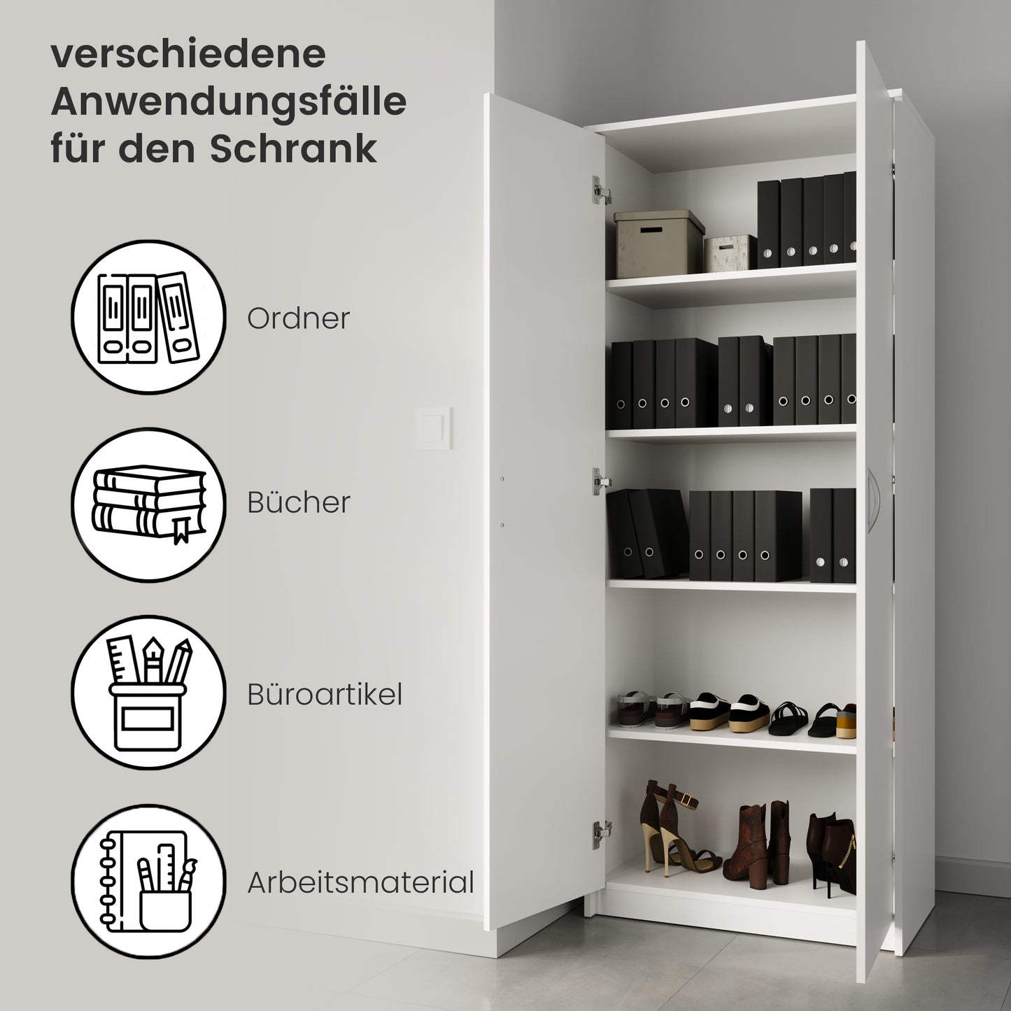 Schrank Mehrzweckschrank mit SOFT CLOSE Türdämpfer (optional) weiß 74cm Breite 180cm Höhe mit vier oder sechs Einlegeböden, Aktenschrank Haushaltsschrank Organizer aus MDF Holz