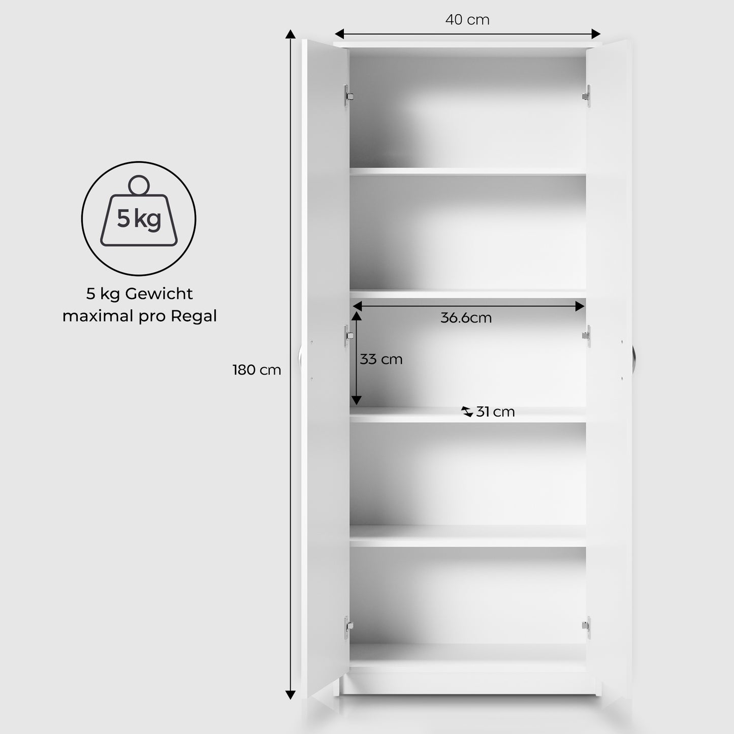 Schrank Mehrzweckschrank mit SOFT CLOSE Türdämpfer (optional) weiß 74cm Breite 180cm Höhe mit vier oder sechs Einlegeböden, Aktenschrank Haushaltsschrank Organizer aus MDF Holz