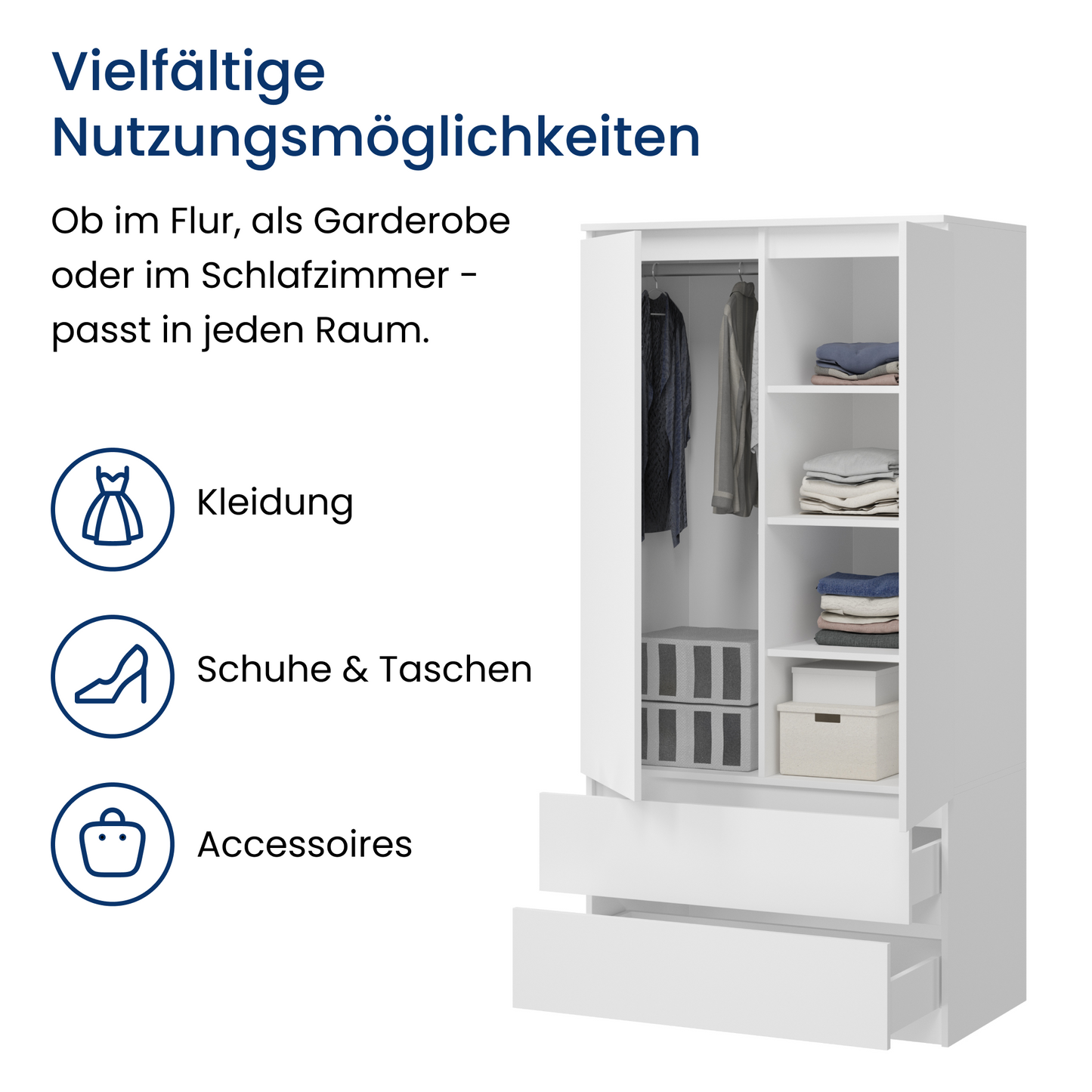 Home Collective Kleiderschrank Schrank Mehrzweckschrank Haushaltsschrank 90x50x180 cm (BxTxH) mit 2 Schubladen, 3 Einlegeböden & Kleiderstange – robust, platzsparend & vielseitig