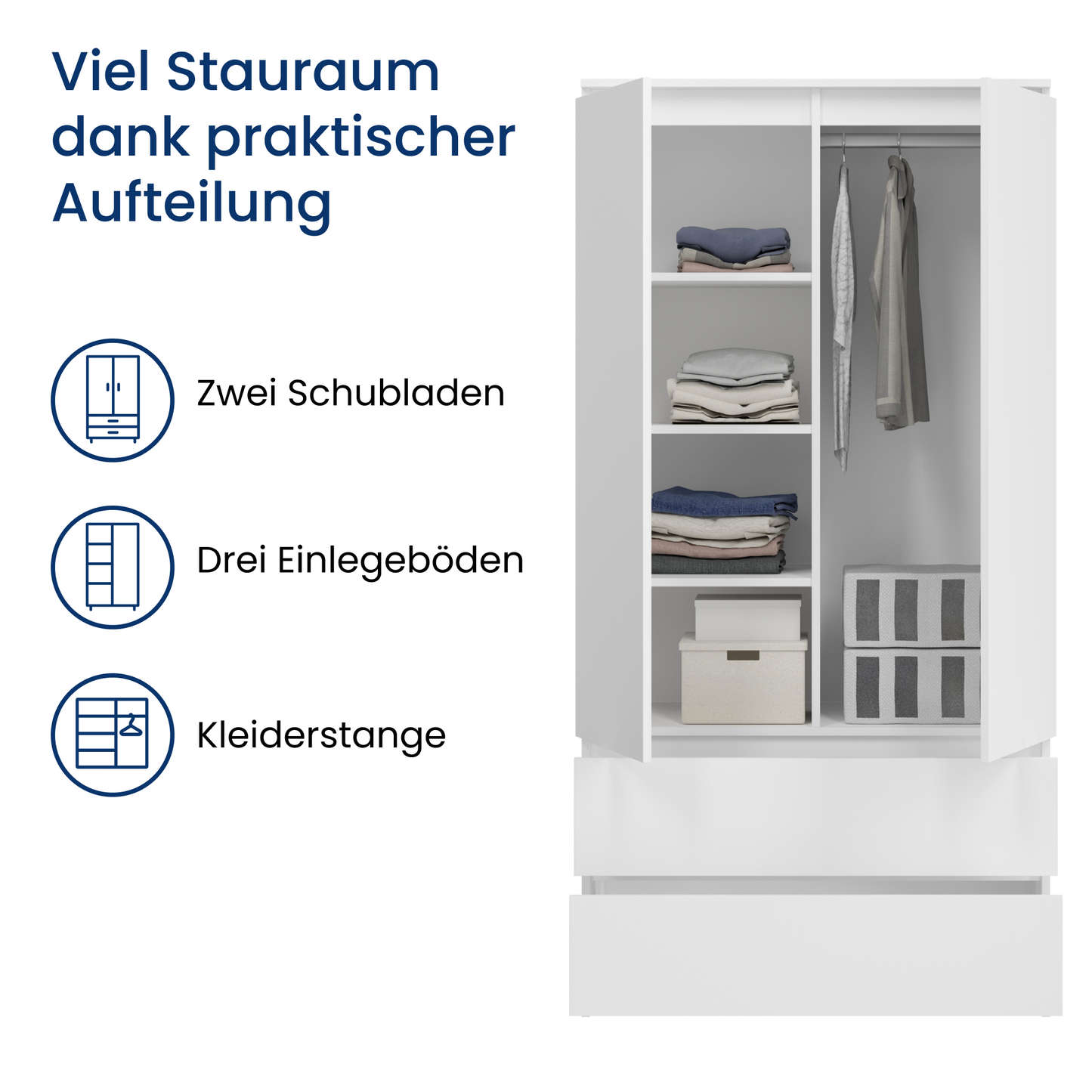 Home Collective Kleiderschrank Schrank Mehrzweckschrank Haushaltsschrank 90x50x180 cm (BxTxH) mit 2 Schubladen, 3 Einlegeböden & Kleiderstange – robust, platzsparend & vielseitig