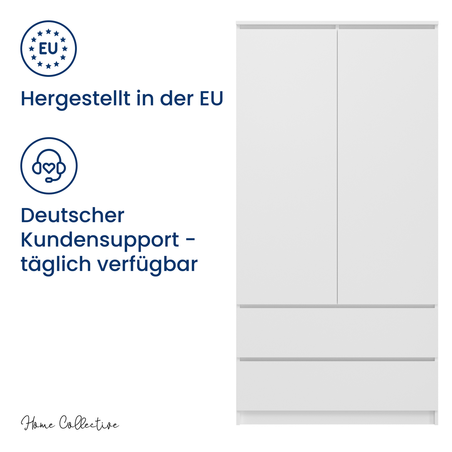 Home Collective Kleiderschrank Schrank Mehrzweckschrank Haushaltsschrank 90x50x180 cm (BxTxH) mit 2 Schubladen, 3 Einlegeböden & Kleiderstange – robust, platzsparend & vielseitig