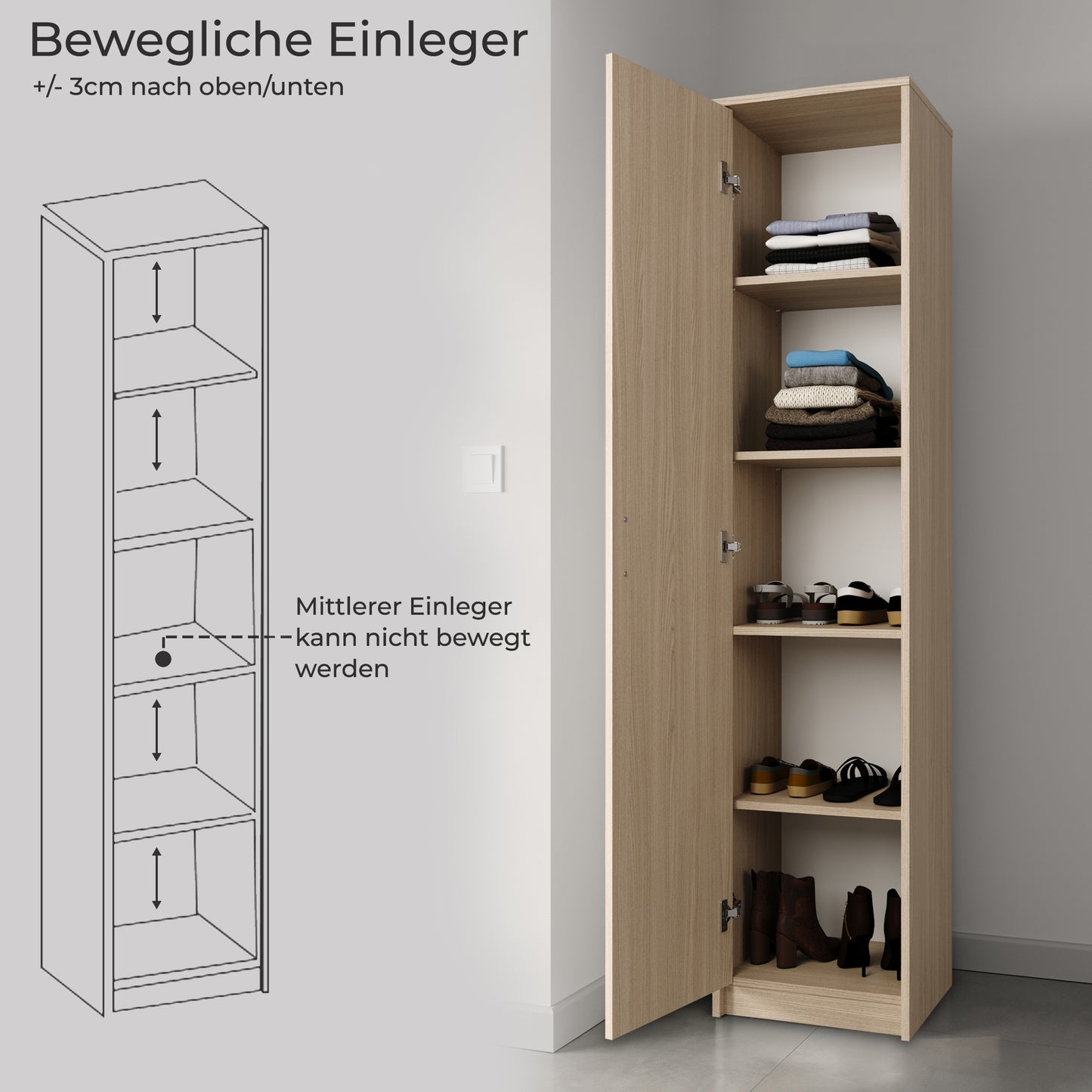 Schrank Mehrzweckschrank, 40cm Breite 180cm Höhe mit vier Einlegeböden schmaler Aktenschrank Organizer Kleiderschrank aus MDF Holz