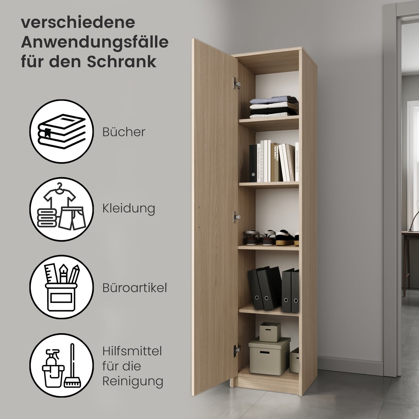 Schrank Mehrzweckschrank, 40cm Breite 180cm Höhe mit vier Einlegeböden schmaler Aktenschrank Organizer Kleiderschrank aus MDF Holz