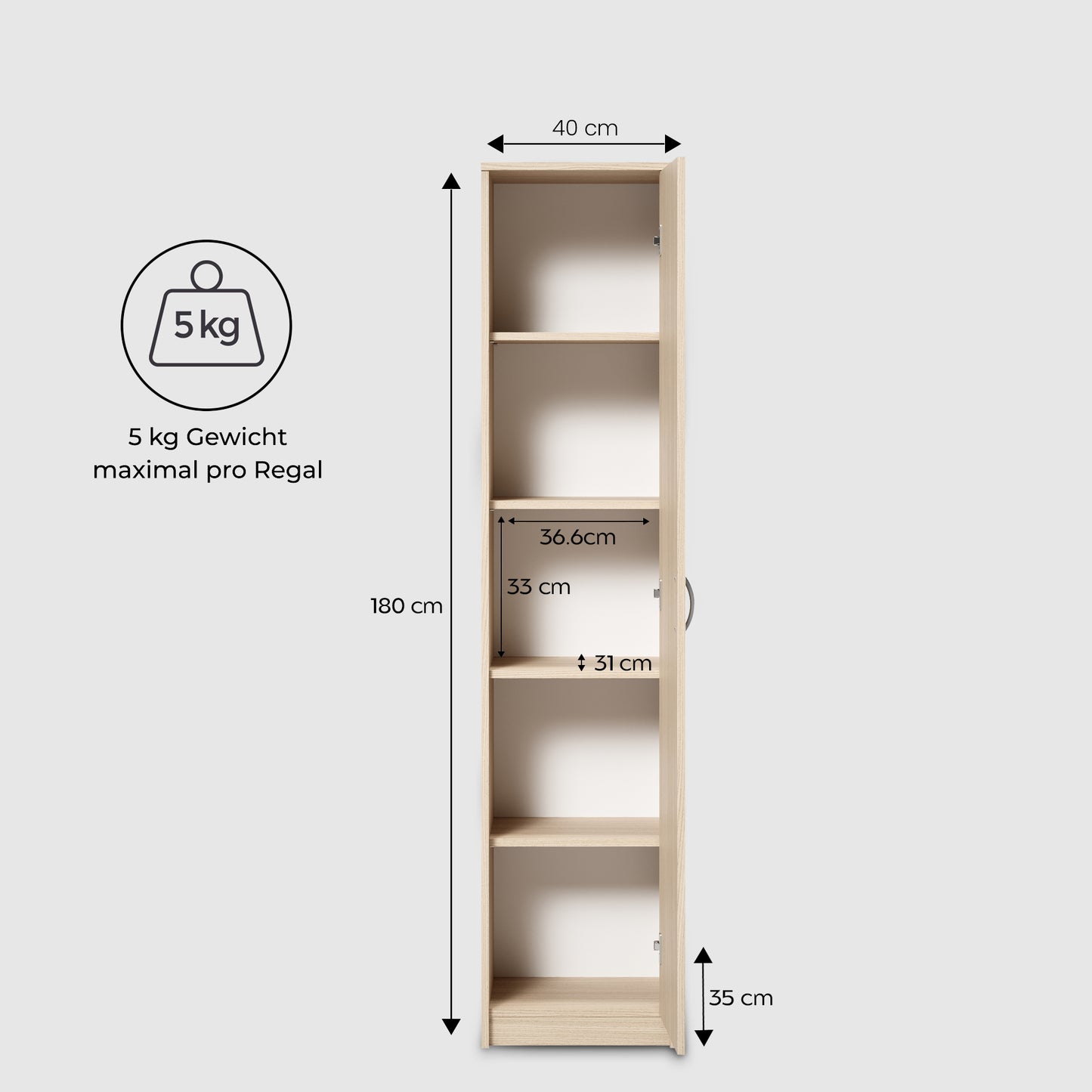 Schrank Mehrzweckschrank, 40cm Breite 180cm Höhe mit vier Einlegeböden schmaler Aktenschrank Organizer Kleiderschrank aus MDF Holz
