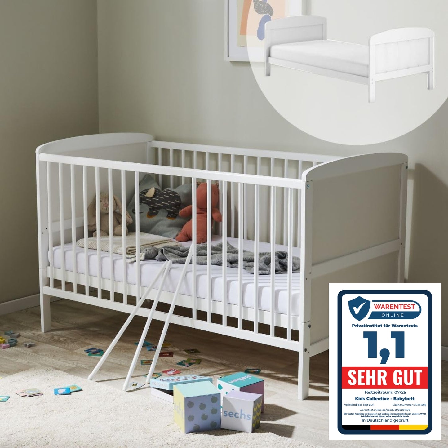 Babybett Kinderbett 70x140 cm Umbaubares Gitterbett höhenverstellbar & herausnehmbare Sprossen | weiss Vollholz Kiefer Made in Europe