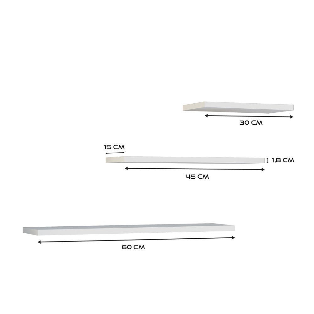 Etagère murale 3 pièces 30 cm, 45 cm et 60 cm de large, étagère murale, étagère flottante blanche pour livres, tableaux, décoration, salon, chambre, salle à manger, couloir