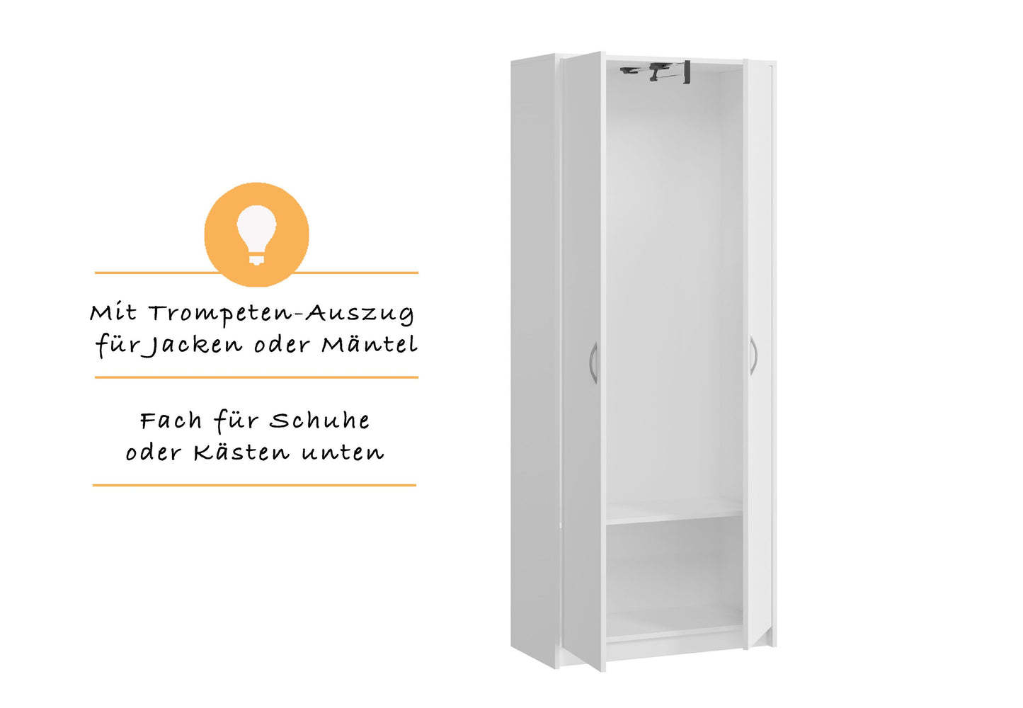 Garderobenschrank Garderobe Mehrzweckschrank weiß 74cm Breite 180cm Höhe mit Trompeten-Auszug und Extra-Fach, Kleiderschrank Organizer aus MDF Holz
