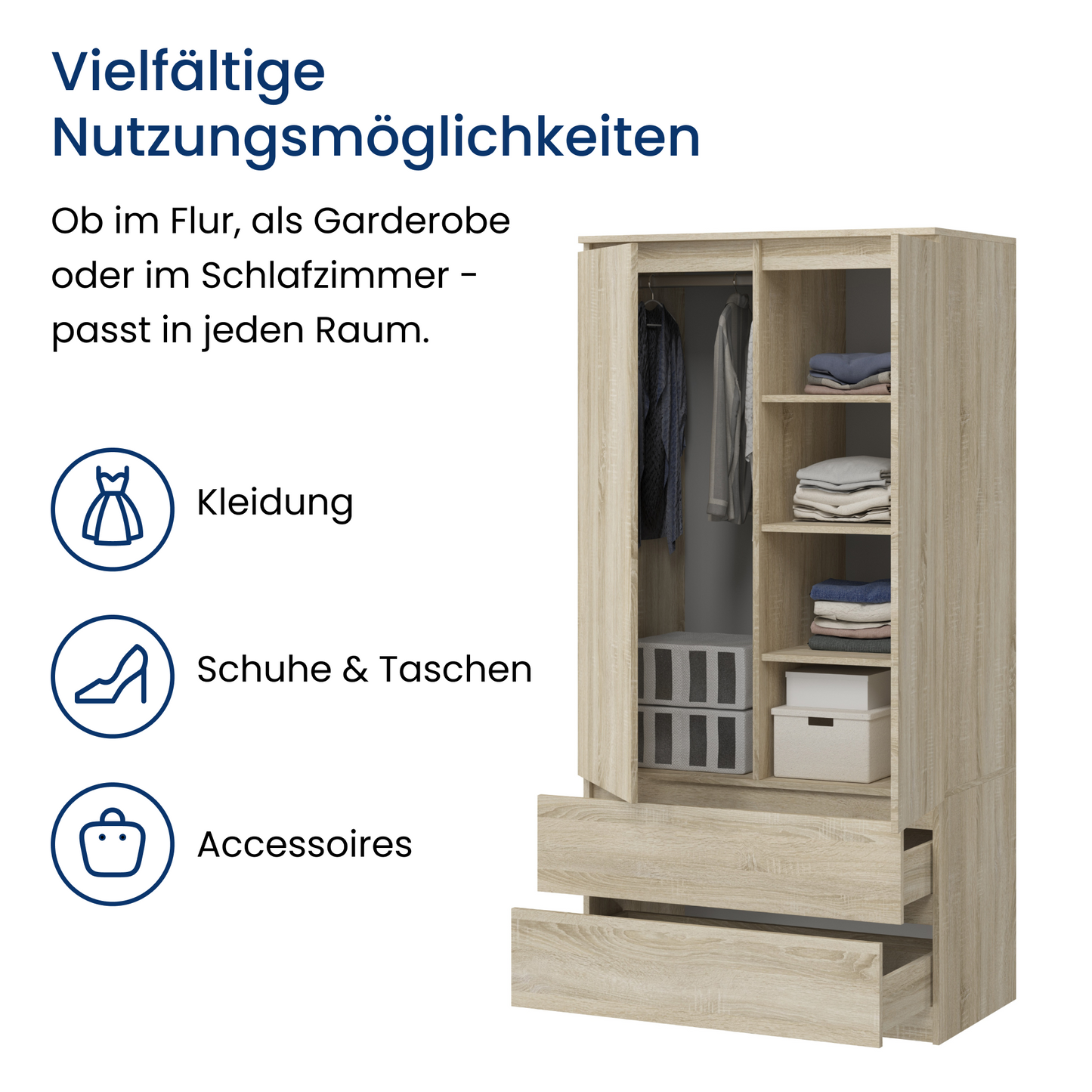 Home Collective Kleiderschrank Schrank Mehrzweckschrank Haushaltsschrank 90x50x180 cm (BxTxH) mit 2 Schubladen, 3 Einlegeböden & Kleiderstange – robust, platzsparend & vielseitig