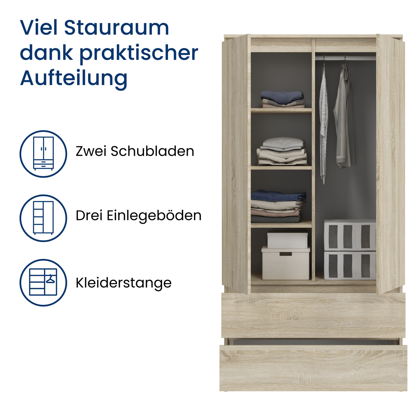 Home Collective Kleiderschrank Schrank Mehrzweckschrank Haushaltsschrank 90x50x180 cm (BxTxH) mit 2 Schubladen, 3 Einlegeböden & Kleiderstange – robust, platzsparend & vielseitig