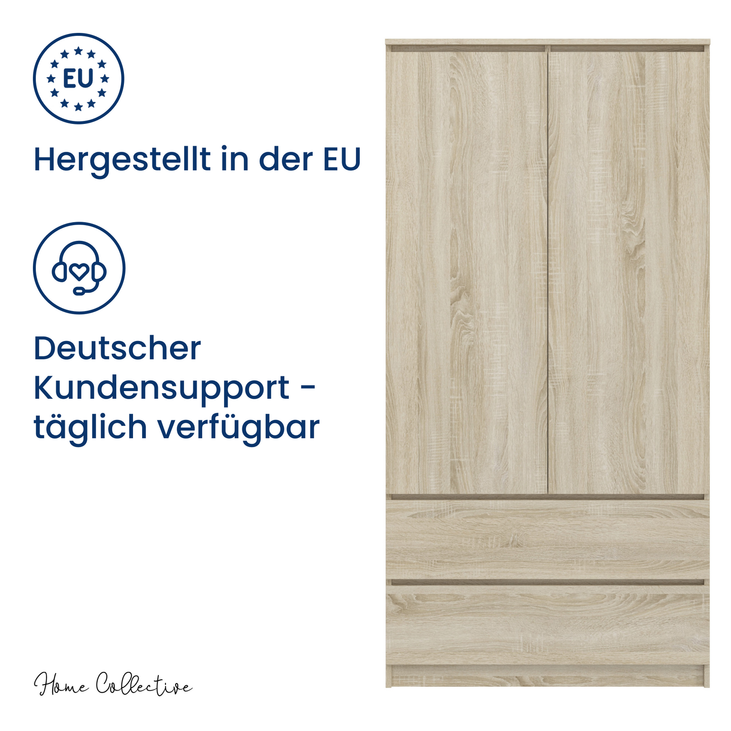 Home Collective Kleiderschrank Schrank Mehrzweckschrank Haushaltsschrank 90x50x180 cm (BxTxH) mit 2 Schubladen, 3 Einlegeböden & Kleiderstange – robust, platzsparend & vielseitig